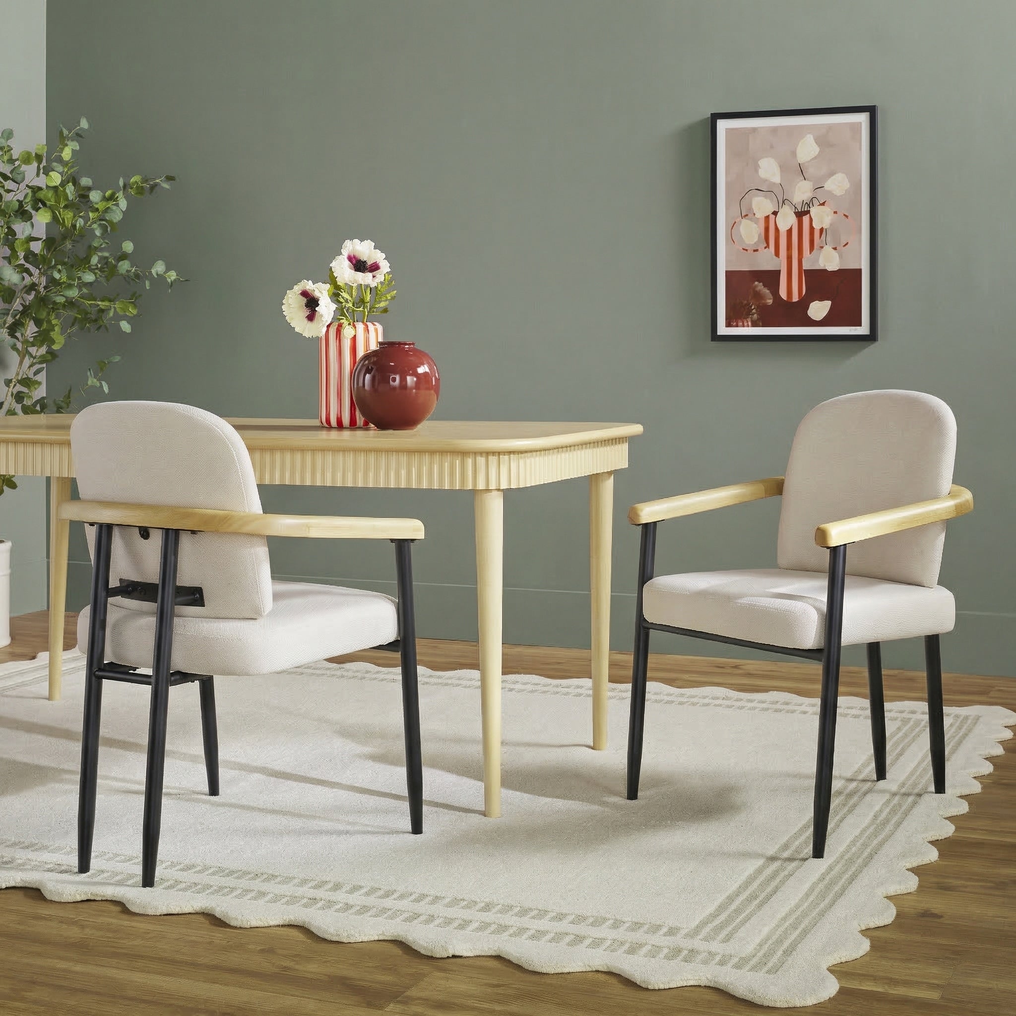 Modern Curved Wood And Black Metal Upholstered Dining Chair Set Of 2