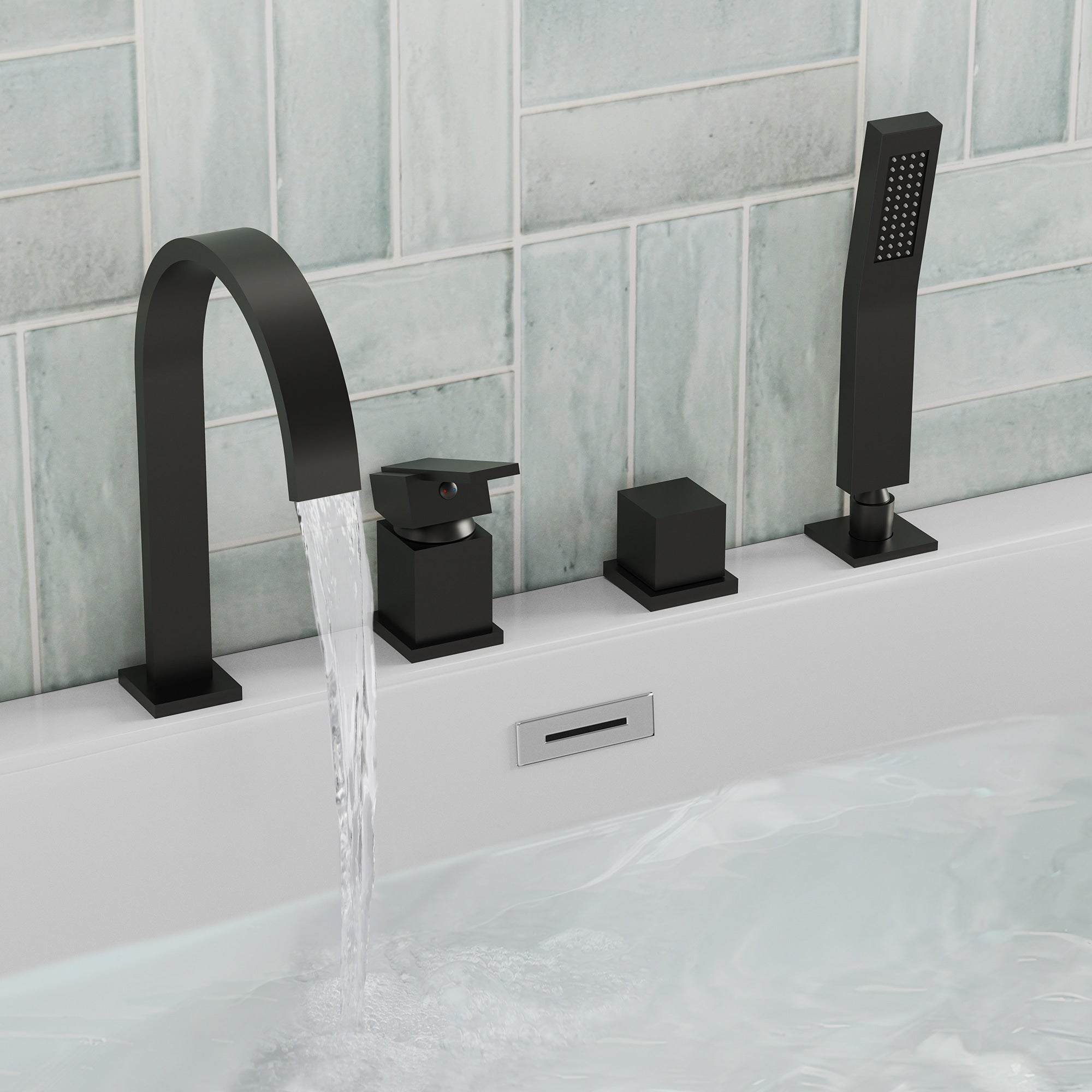 Modern Deck Mounted Bathtub Faucet Set With Diverter And Handheld Sprayer