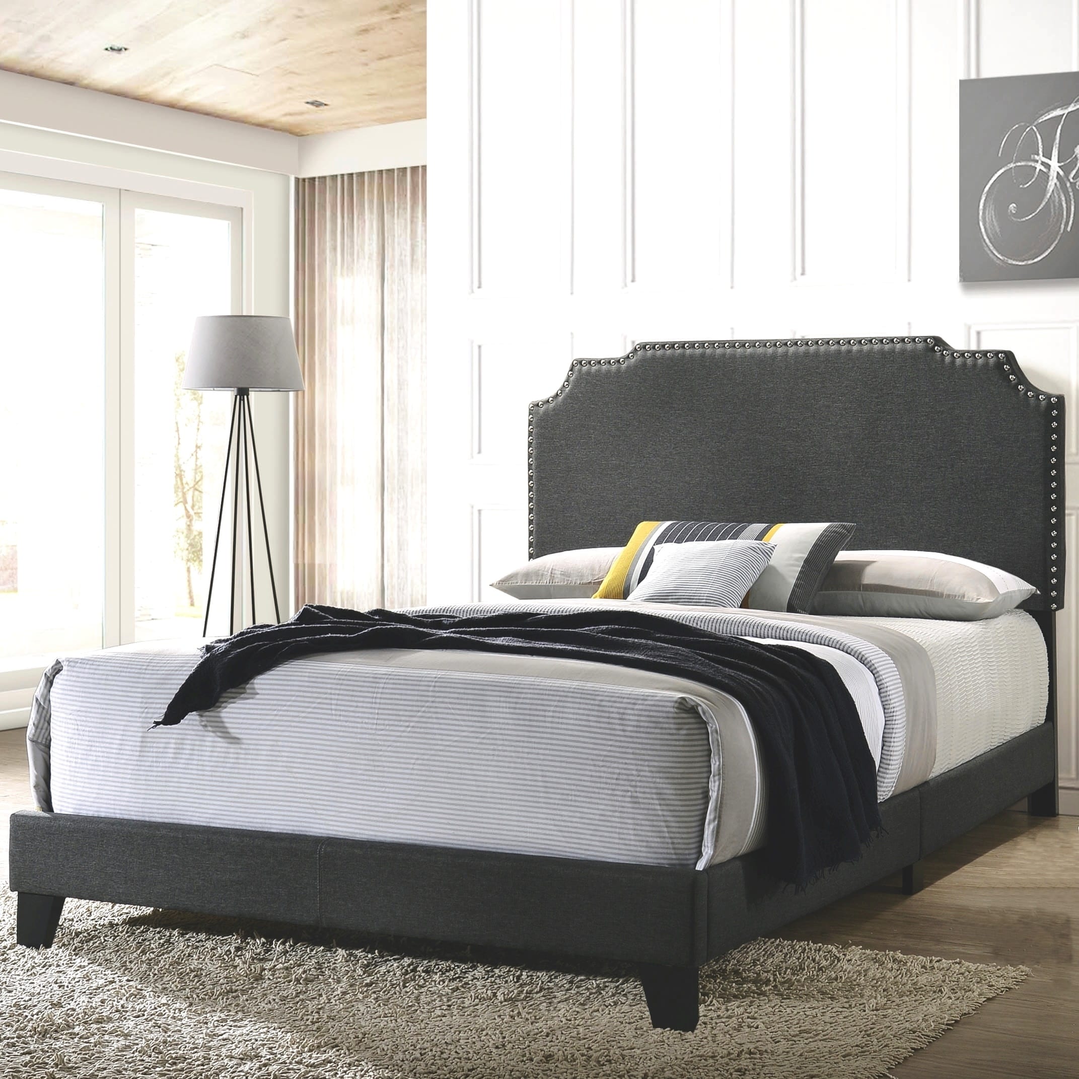 Modern Design Grey Upholstered Bed With Nailhead Trim
