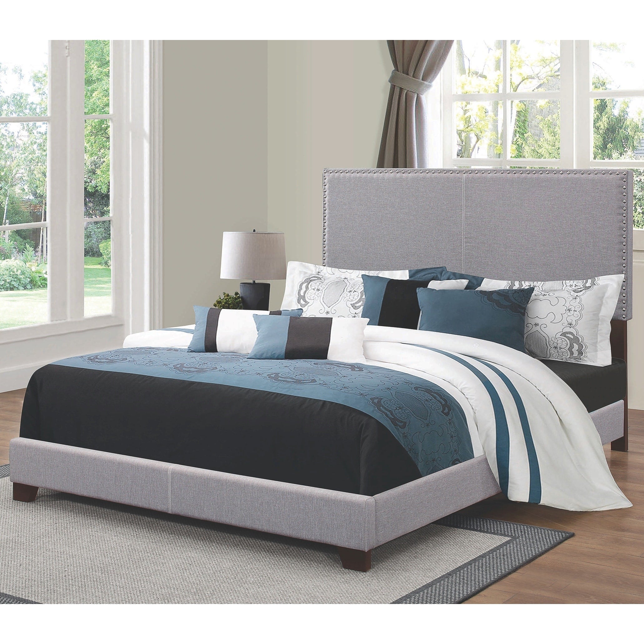 Modern Design Grey Upholstered Bed With Nailhead Trim