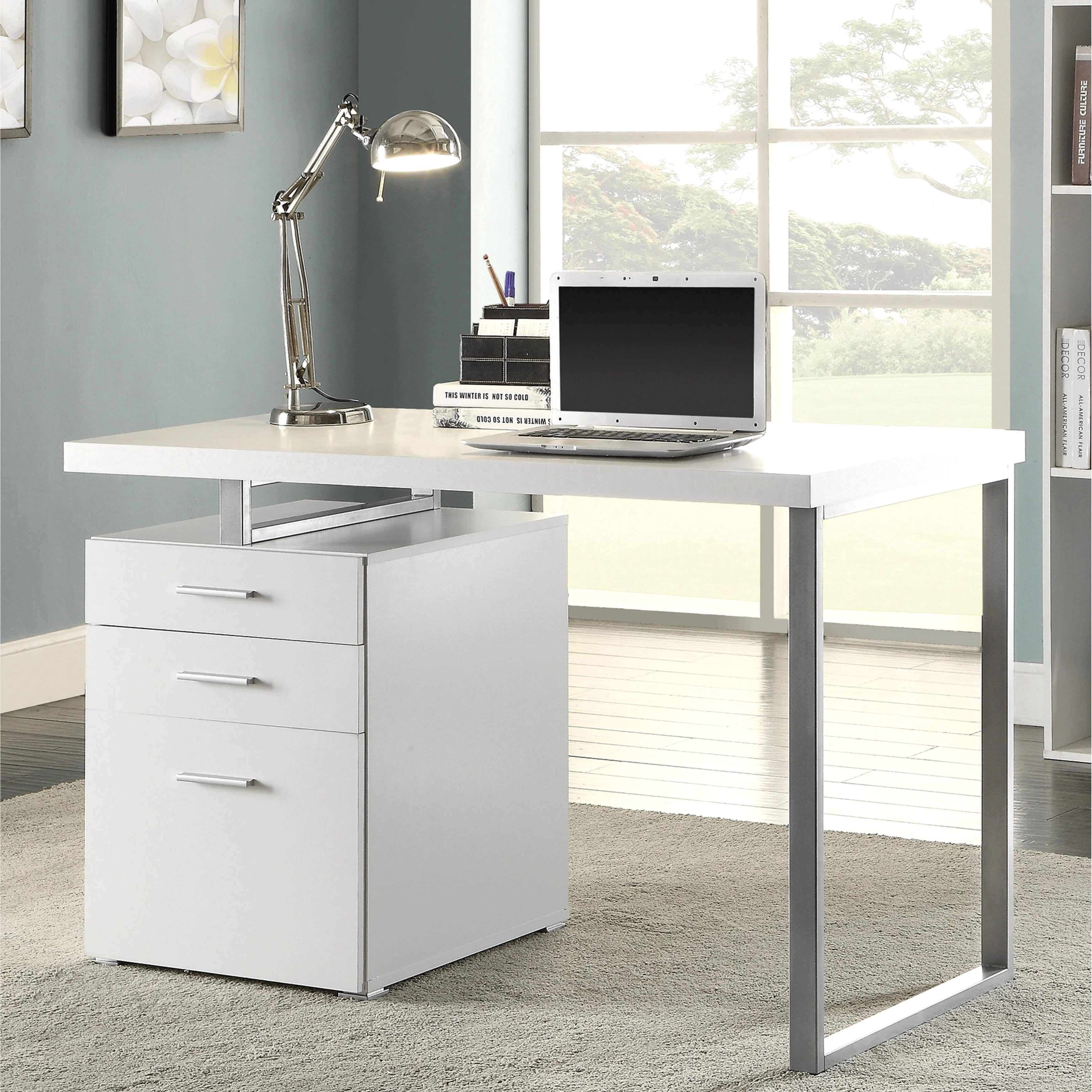 Modern Design Home Office White Writing Computer Desk With Drawers And File Cabinet