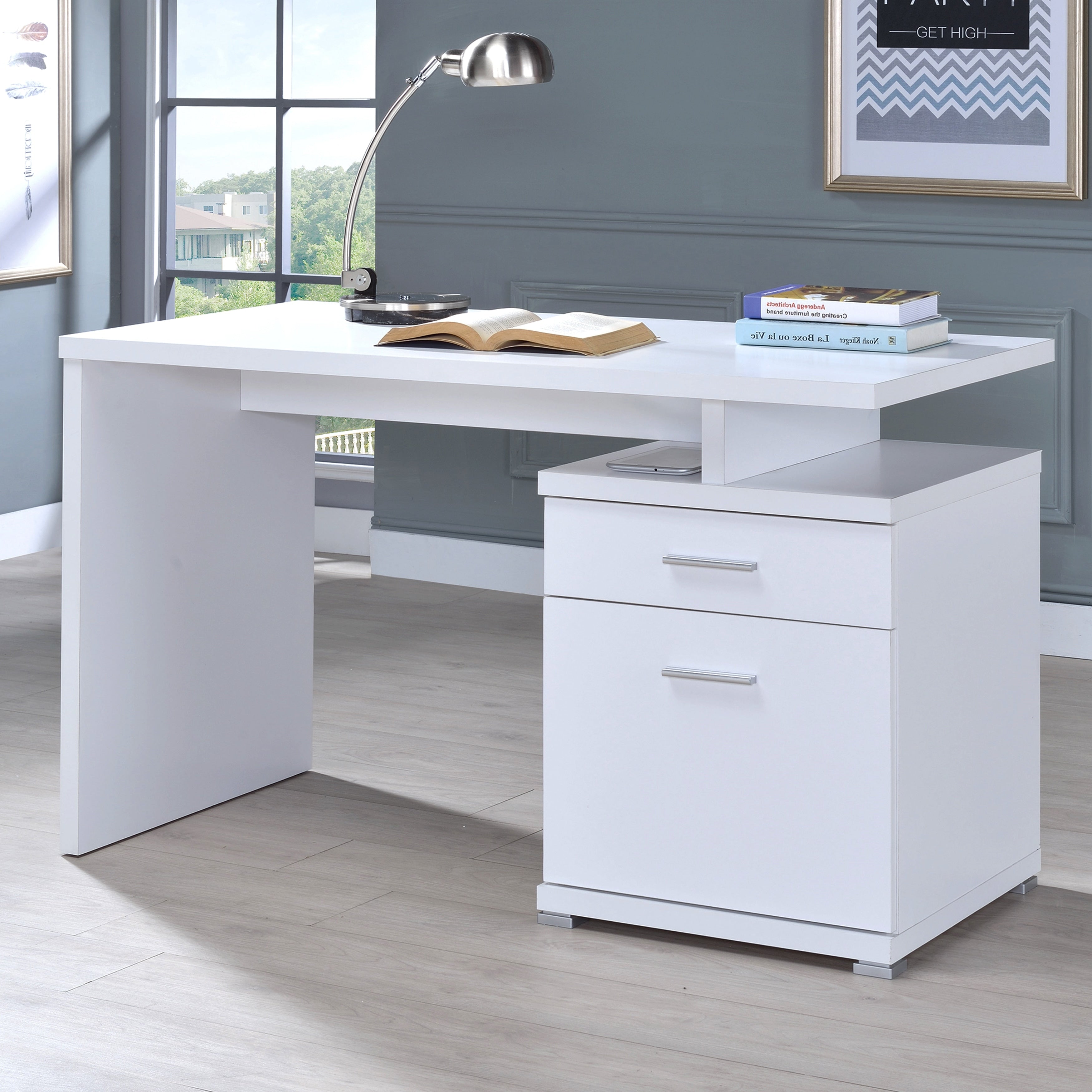 Modern Design White Home Office Writing Computer Desk And File Cabinet Drawers