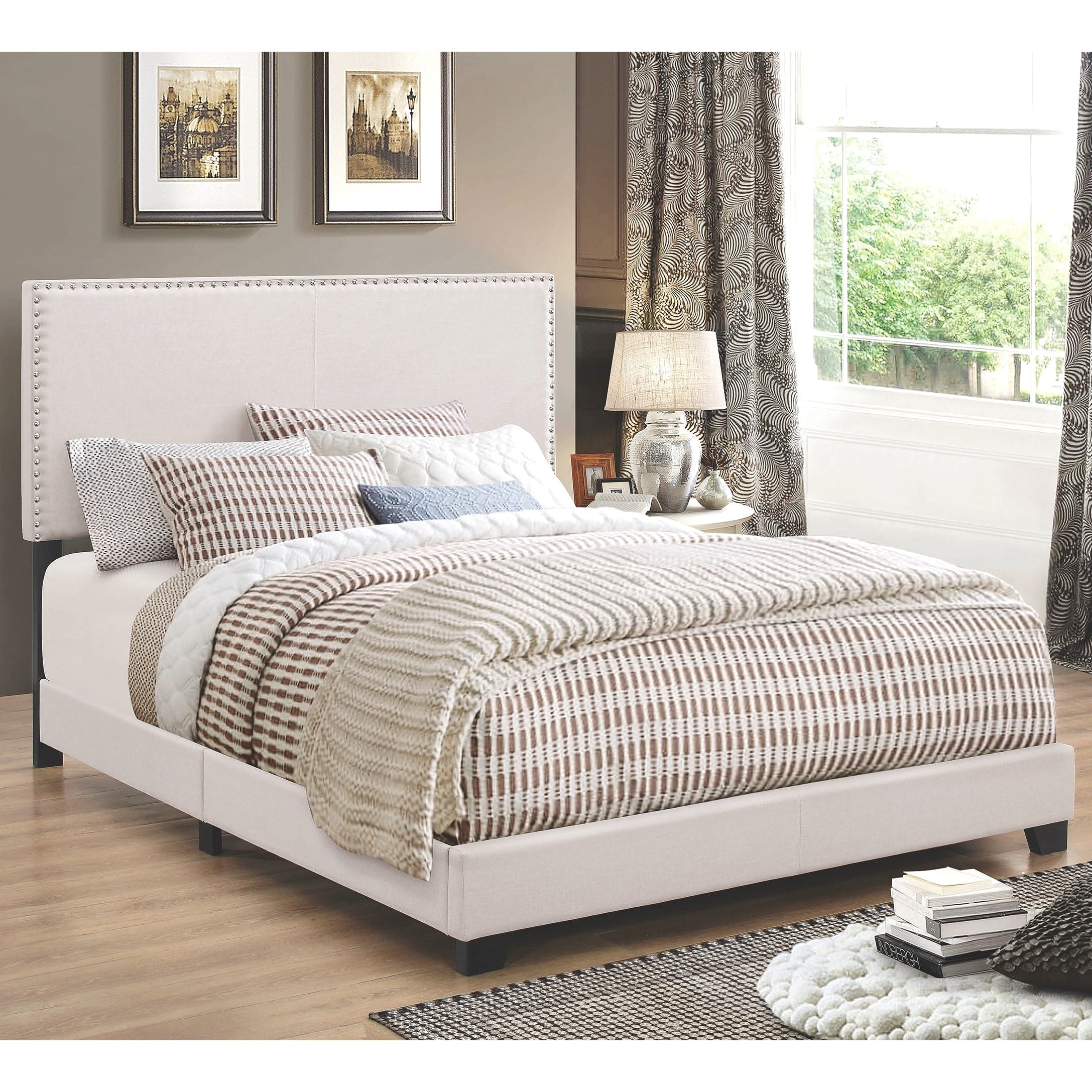 Modern Design Ivory Upholstered Bed With Nailhead Trim