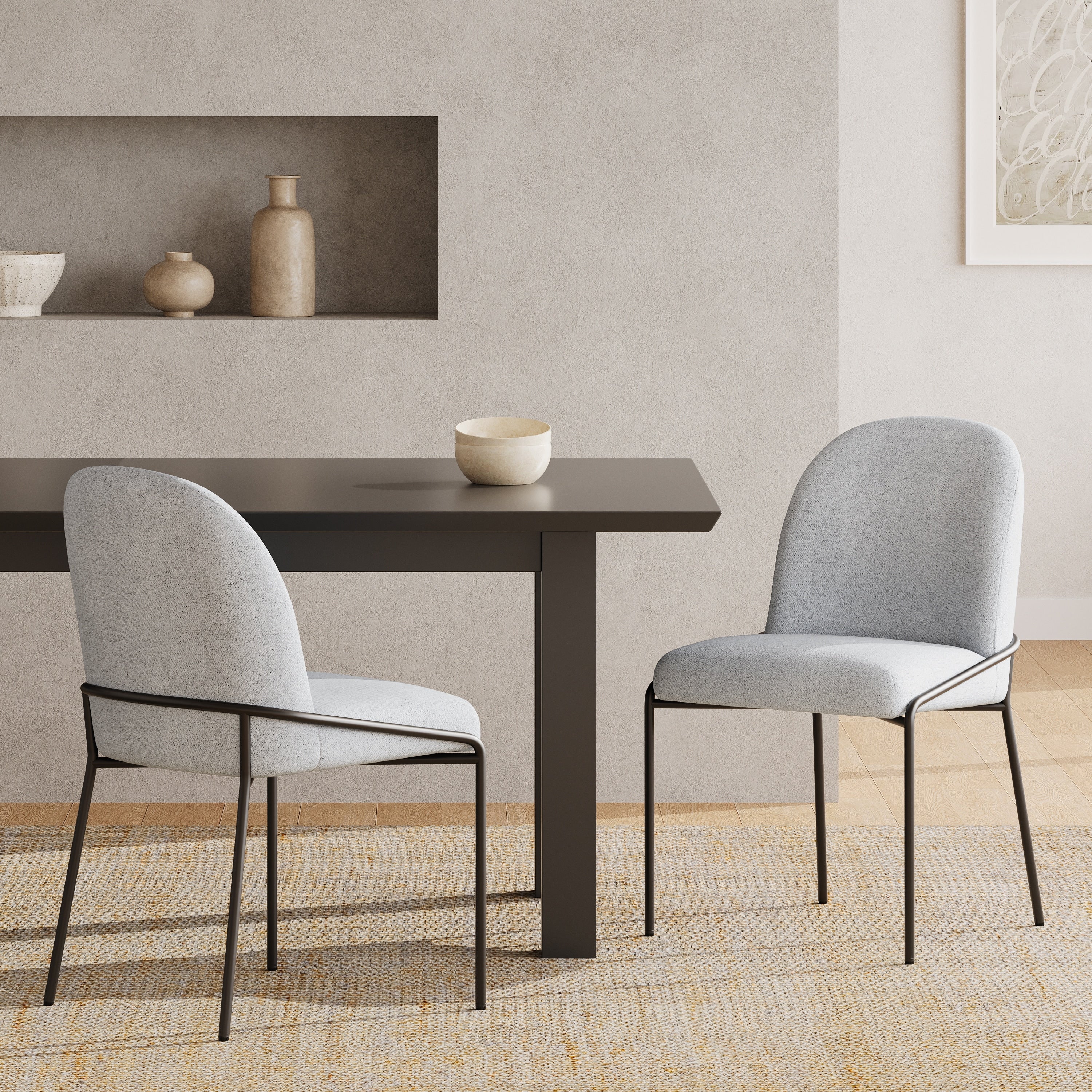 Modern Dining Chair With Soft Grey Linen Textured Polyester Fabric Bronze Color Iron Frame Set Of 2