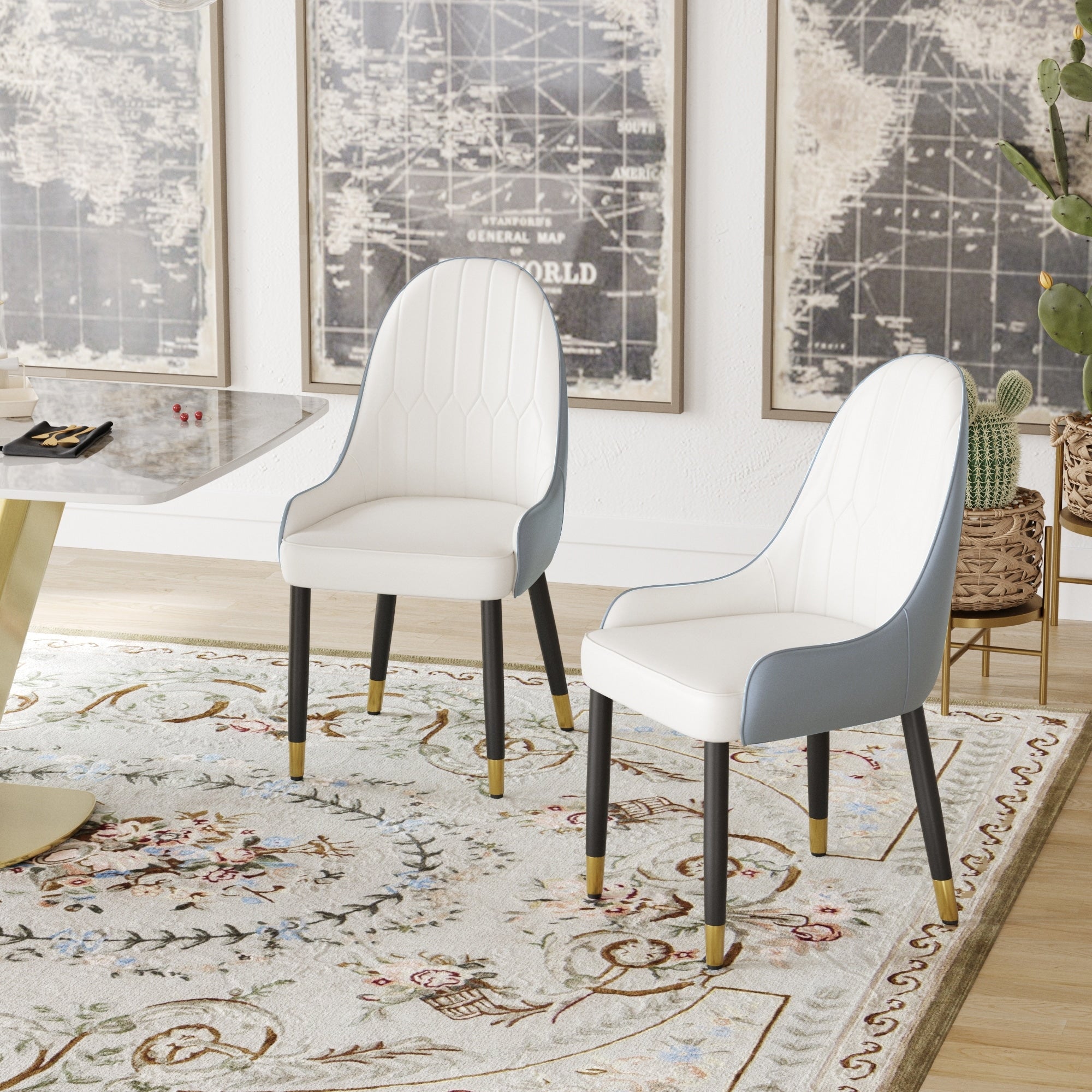 Modern Dining Chairs Set Of 2 With Thick Cushion Comfortable Faux Leather Upholstered Dining Chairs With Metal Legs