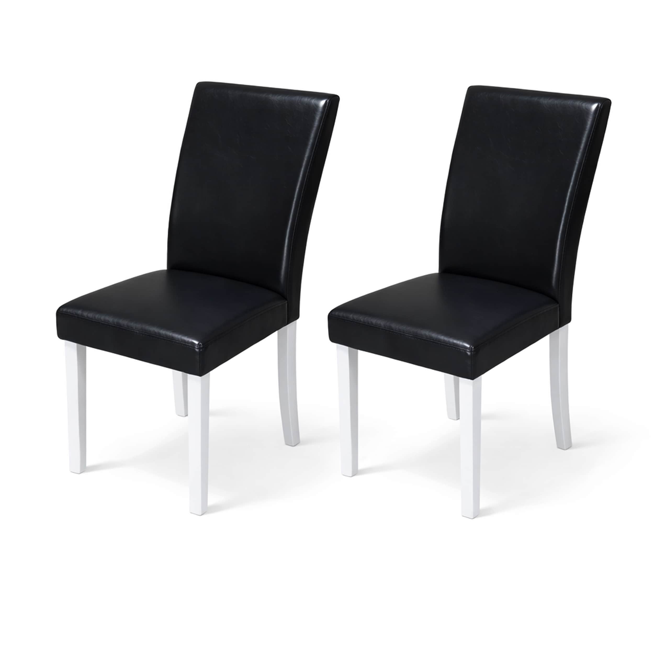 Modern Dining Chairs Set Of 2 White Finish With Black Pu Leather Upholstered Seats Solid Rubberwood