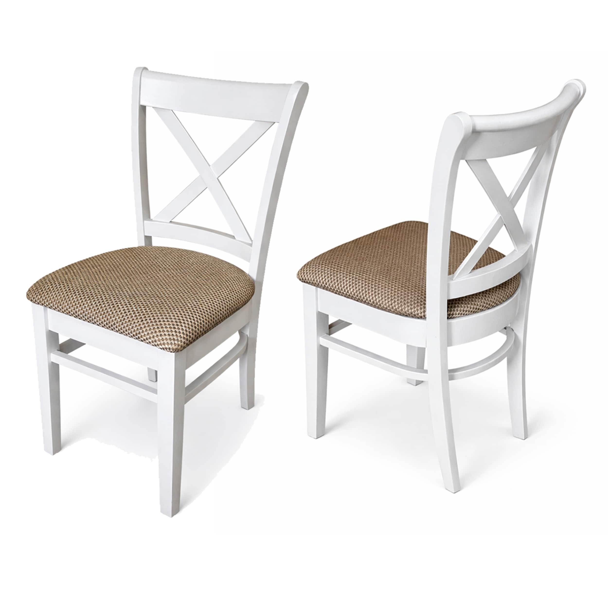 Modern Dining Chairs Set Of 2 White Finish With Brown Polyester Upholstered Seats Solid Rubberwood