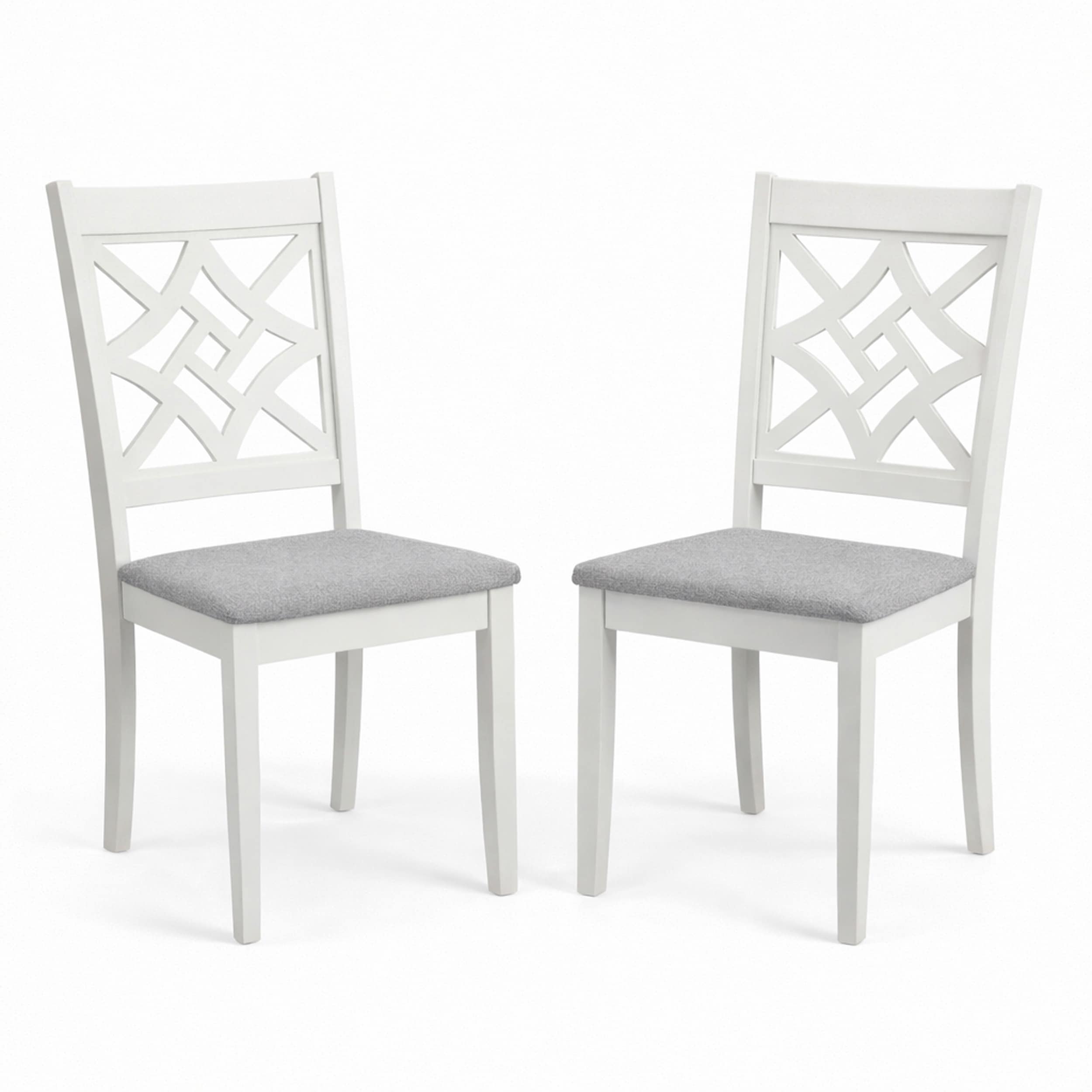 Modern Dining Chairs Set Of 2 White Finish With Grey Polyester Upholstered Seats Solid Rubberwood