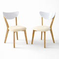 Modern Dining Chairs Set Of 2 White Natural Finish With Beige Polyester Upholstered Seats Solid Rubberwood