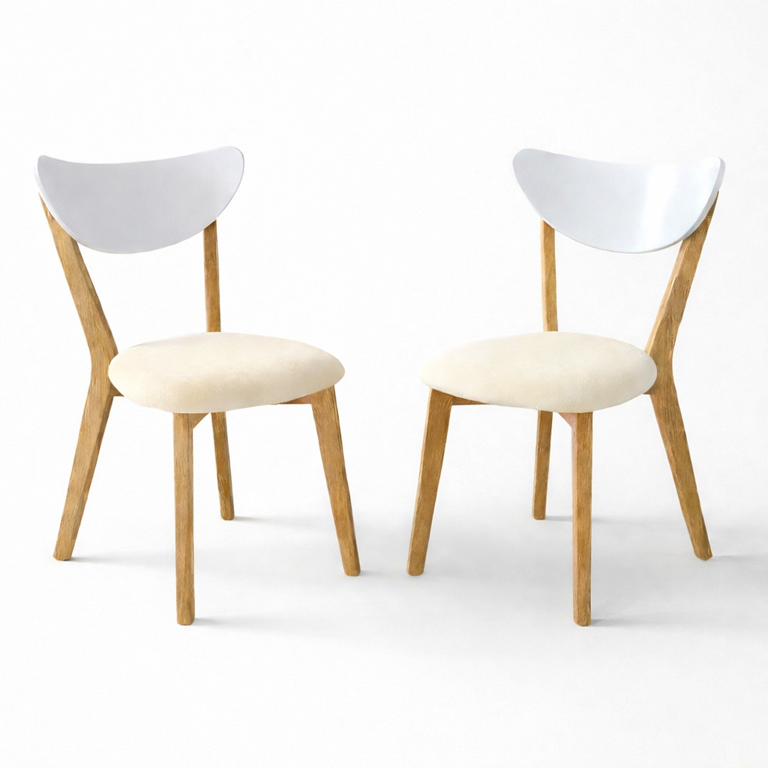 Modern Dining Chairs Set Of 2 White Natural Finish With Beige Polyester Upholstered Seats Solid Rubberwood
