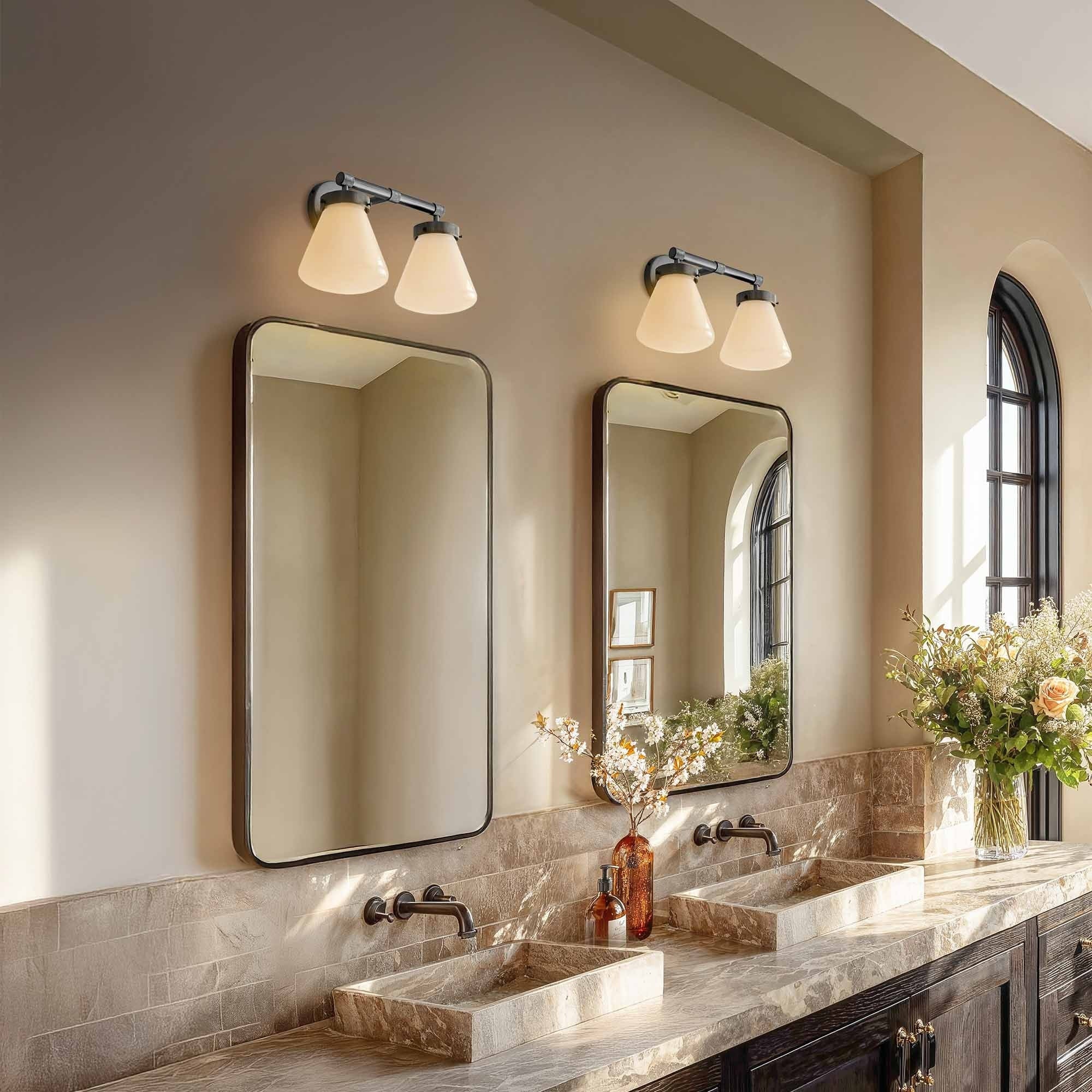 Dawn Dual Arm Wall Sconce Metal Glass Matte Black Ivory White 2 Light Wall Sconce For Bathroom Or Bedroom In Modern Style