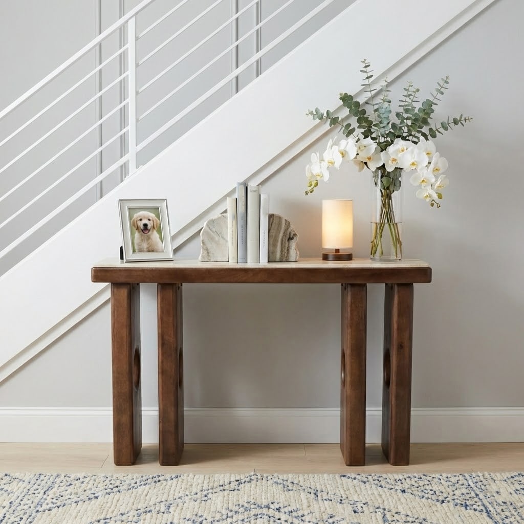 Modern Edge Travertine Console Table With Wood Base 47 Tan Brown 46.25