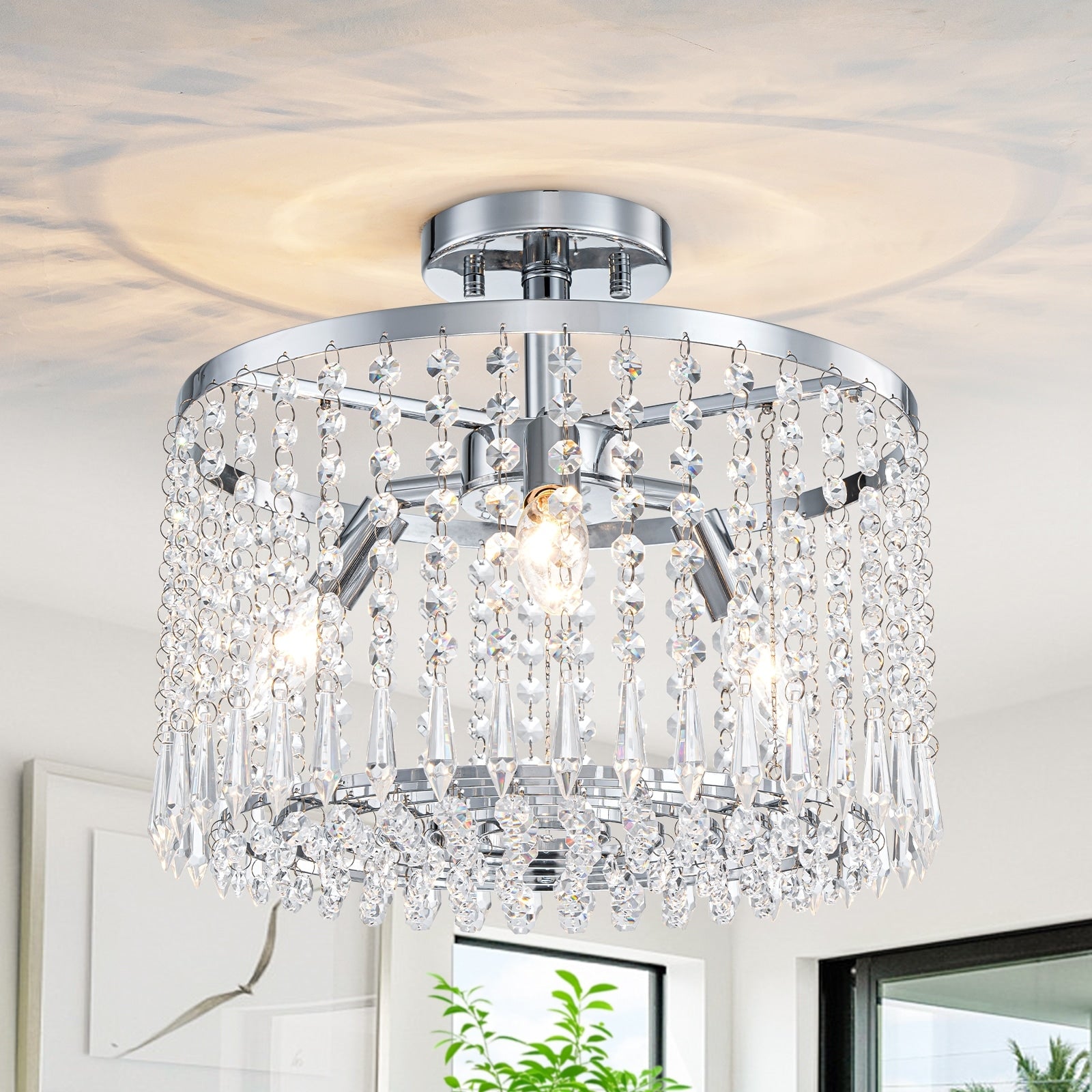 Modern Crystal Semi Flush Mount Ceiling Light With E12 Sockets Dia.13.77 In