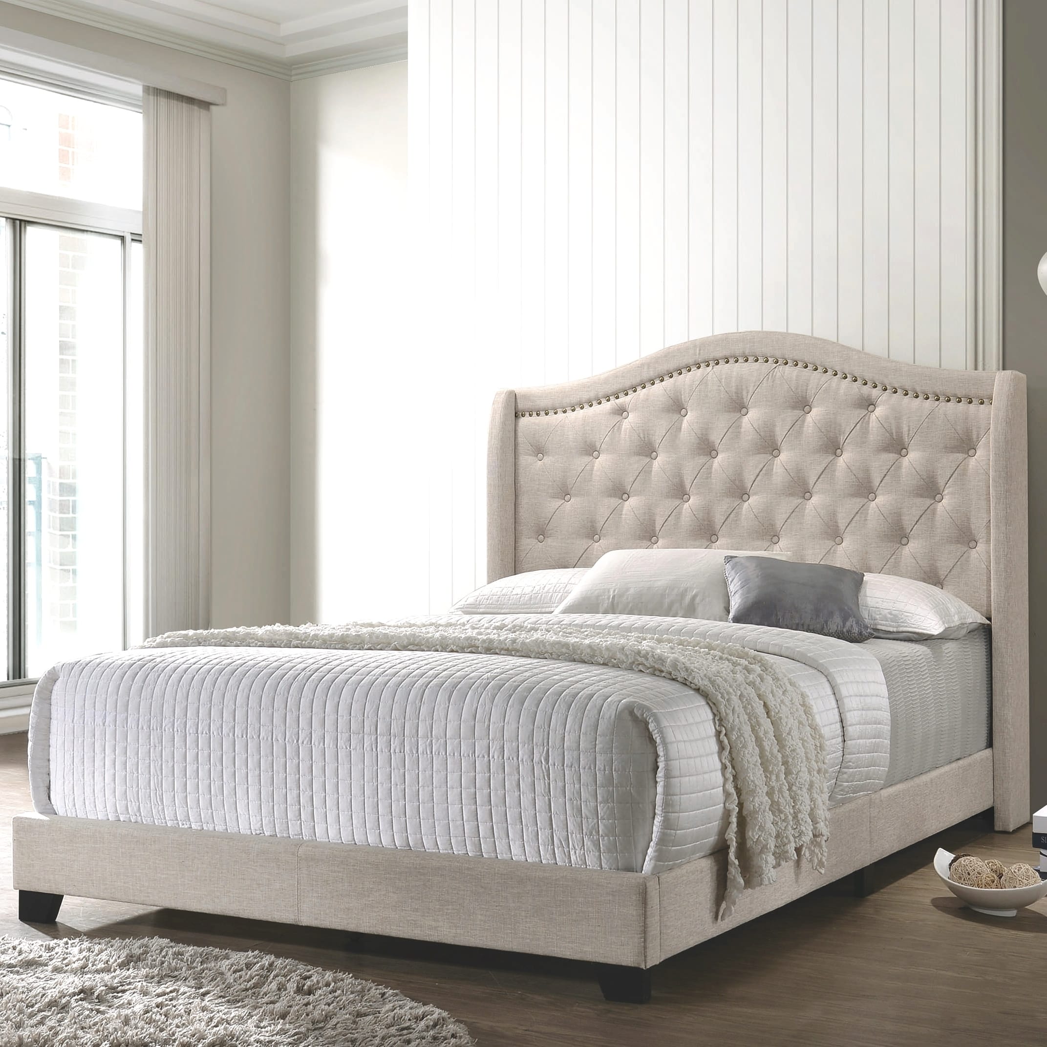 Modern Elegant Demi Wing Design Button Tufted Beige Upholstered Bed