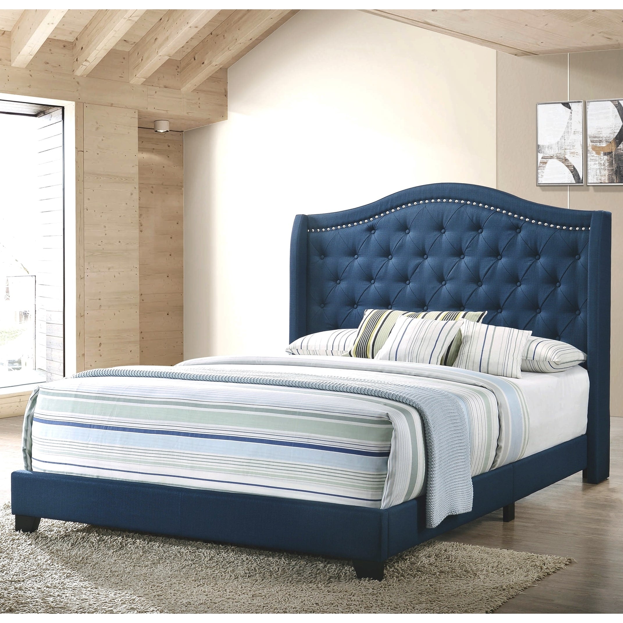 Modern Elegant Demi Wing Design Button Tufted Blue Upholstered Bed