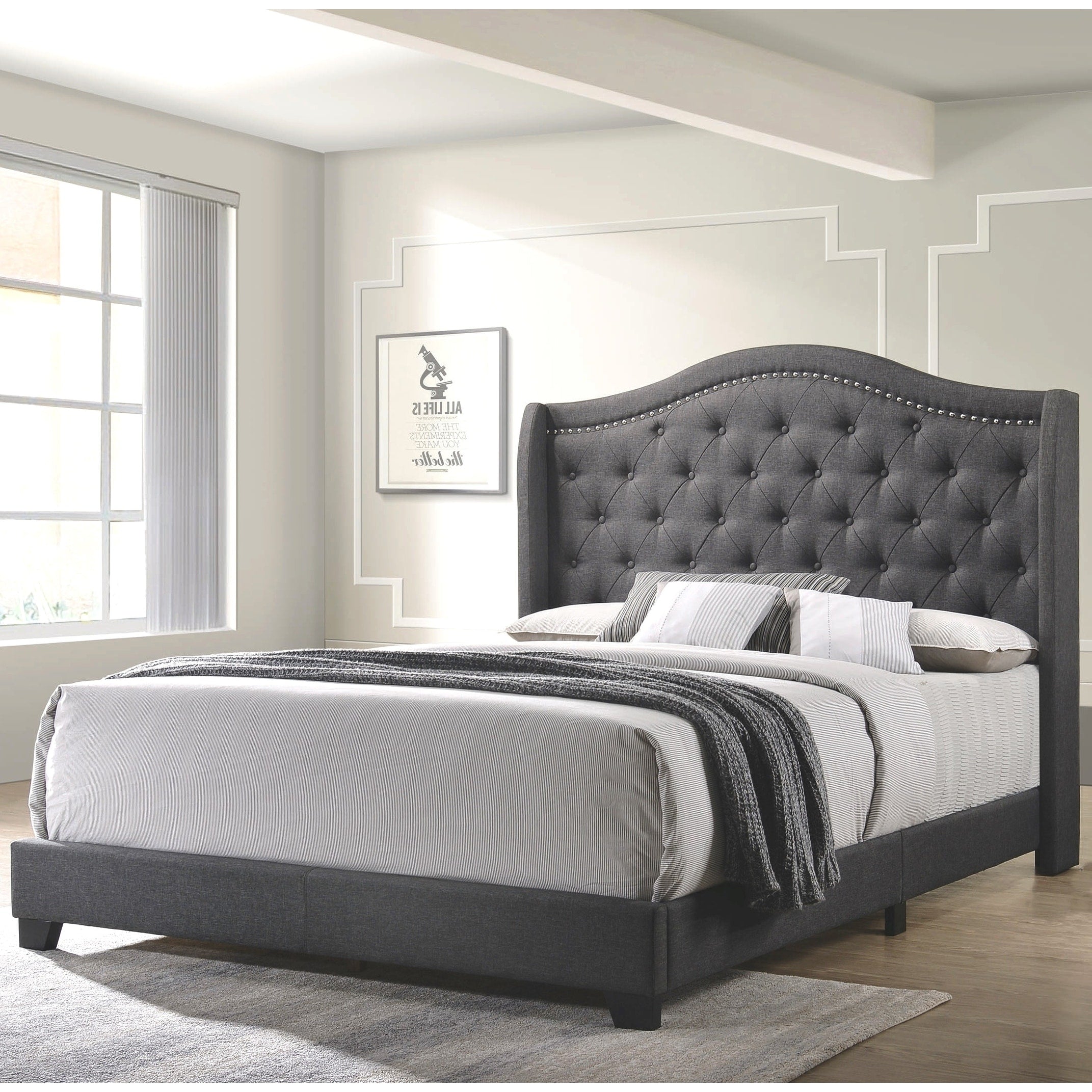 Modern Elegant Demi Wing Design Button Tufted Grey Upholstered Bed