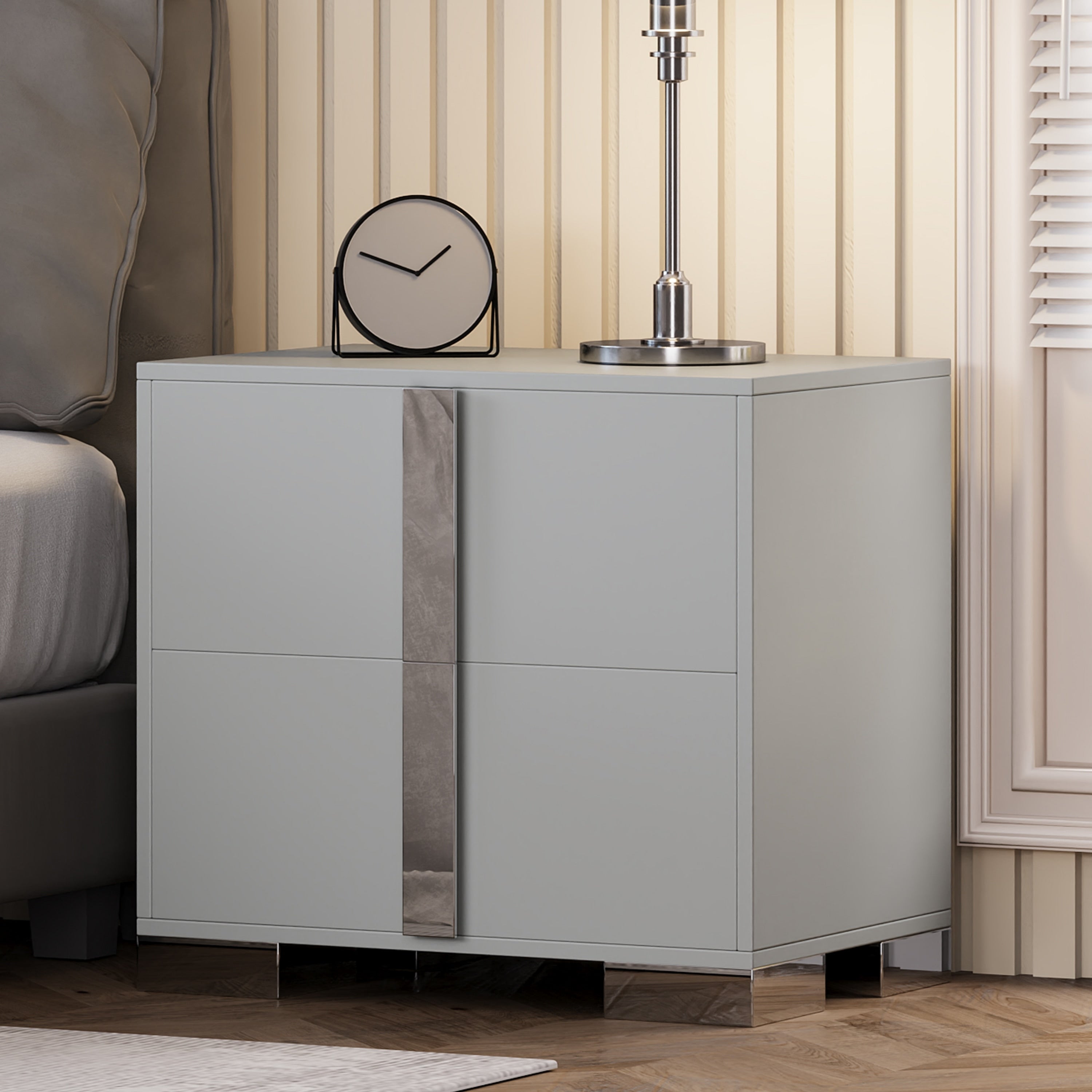 Modern End Table With Drawers Elegant Nightstand With Metal Foot Wood Bedside Table With Mirrored Metal Handles