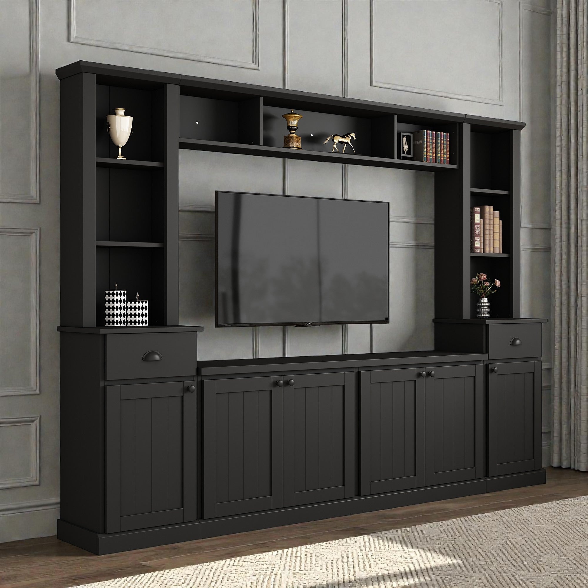 Modern Entertainment Wall Unit With Bridge For Tvs Up To 75 Large Tv Stand Set With Adjustable Shelves And Storage 103