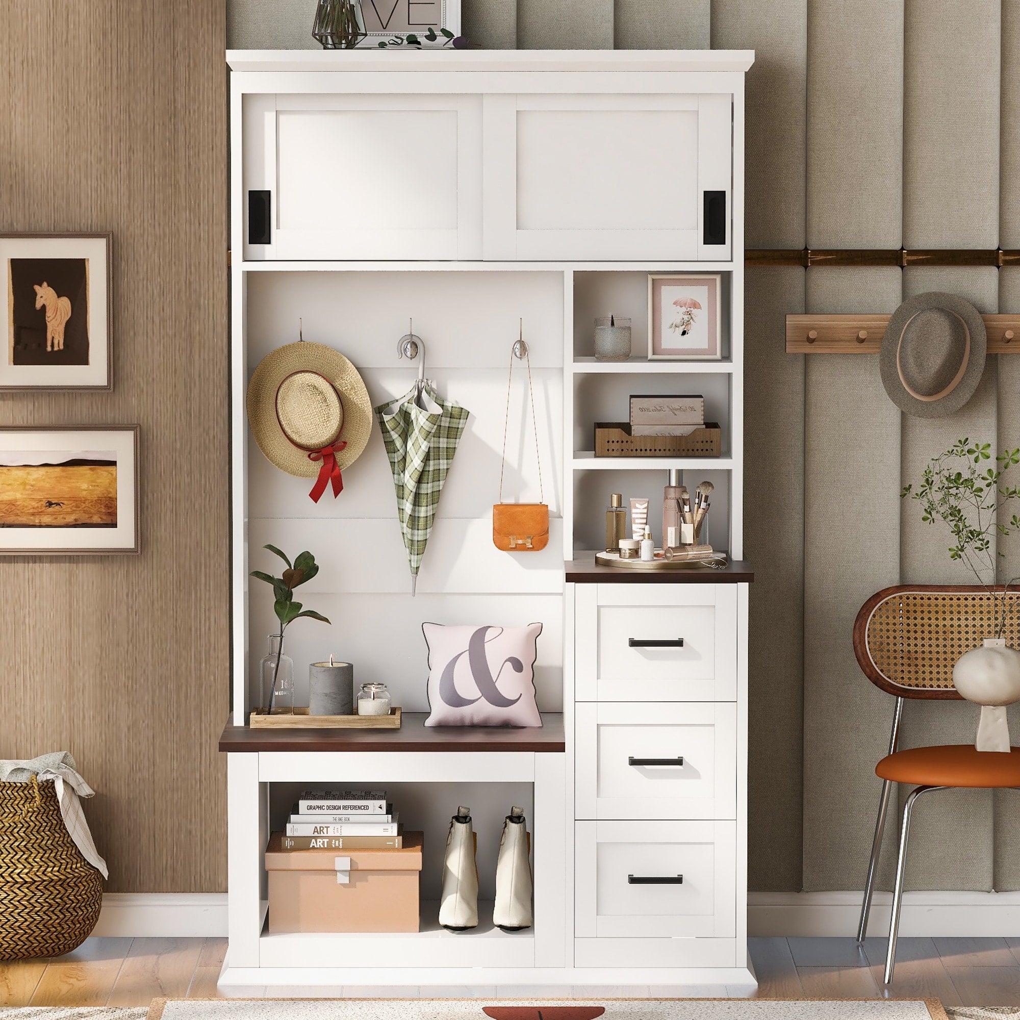 Modern Entryway Bench With Coat Rack 3 Shelves 3 Sturdy Hooks