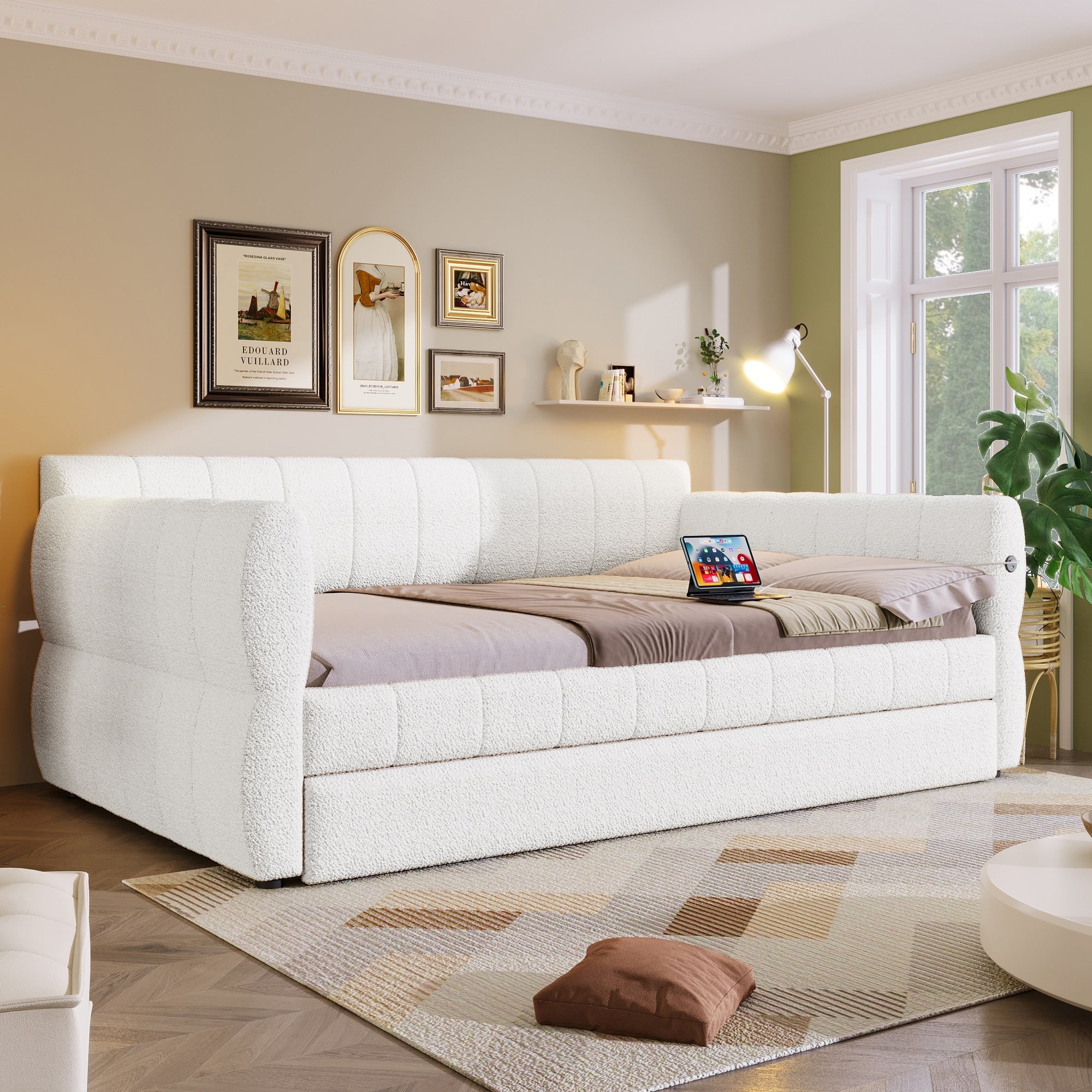 Modern Fabric Upholstered Daybed Queen Size Sofa Bed Frame With Backrest And Armrests Usb Charging Ports No Box Spring Needed