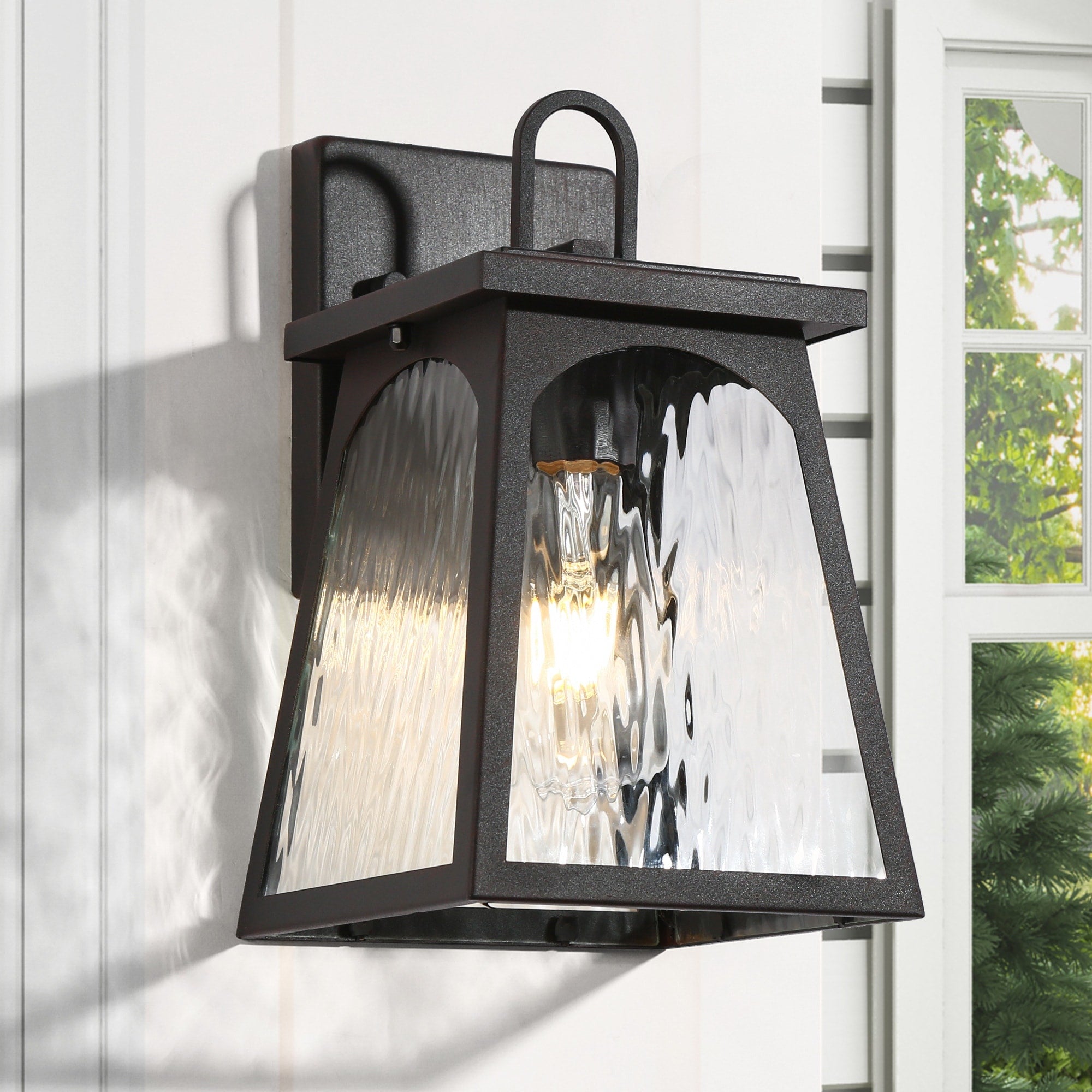 Modern Farmhouse 1 Light Black Outdoor Wall Sconce Water Ripple Glass Patio Lights W 6.7 X H 11 X D 7.1