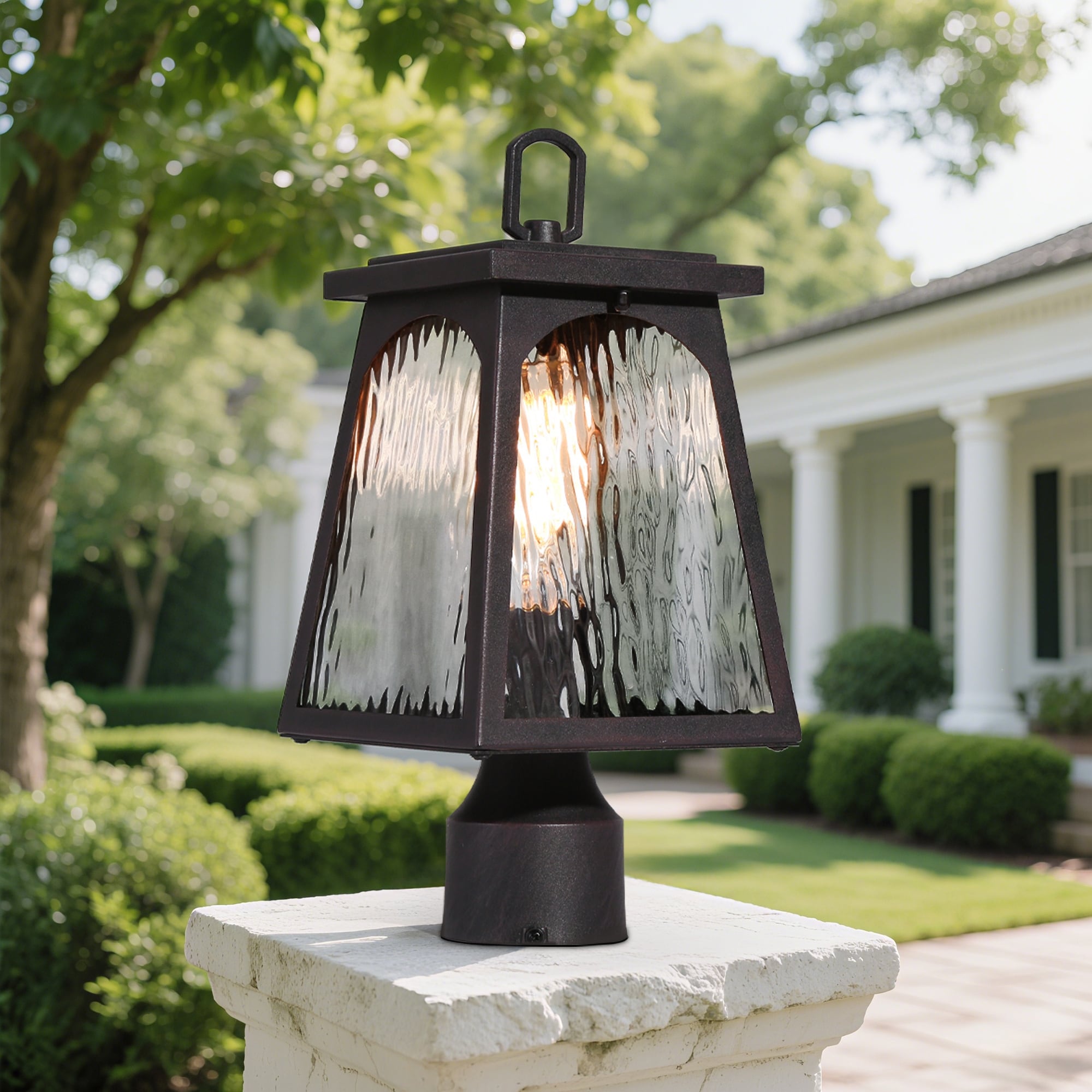 Modern Farmhouse 1 Light Outdoor Post Light Black Lantern With Water Ripple Clear Glass W 6.7 X H 14.6