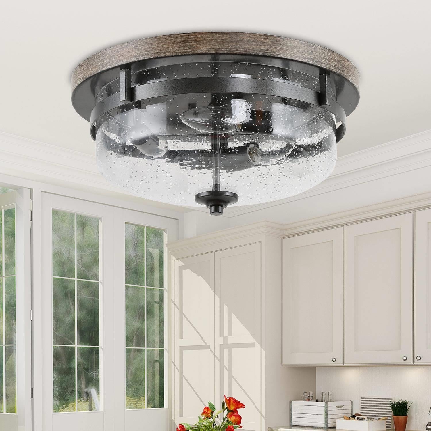 Vintage Full Flush Mount Ceiling Lighting With Seeded Glass W 13.5 X H 6.5