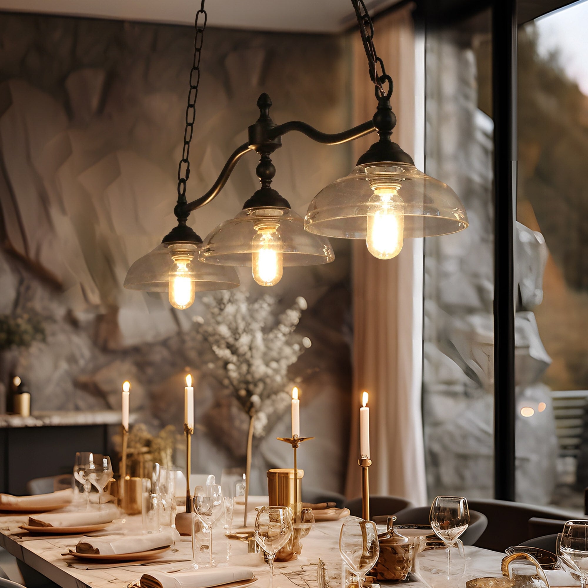 3 Light Bronze Industrial Glass Shades Chandelier
