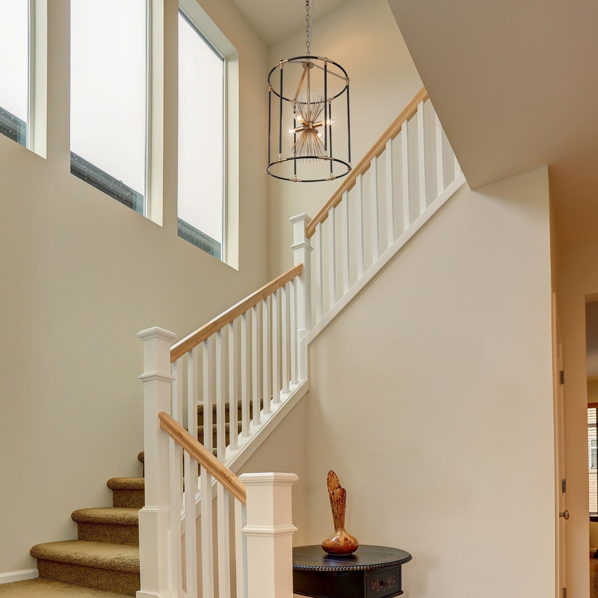Modern Farmhouse 4 Light Black Gold Starburst Chandelier Cage Pendant Light For Dining Room