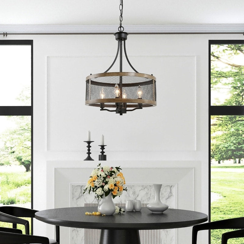 4 Lights Rustic Chandelier With Drum Frame Kitchen Island Lighting W16 Xh21