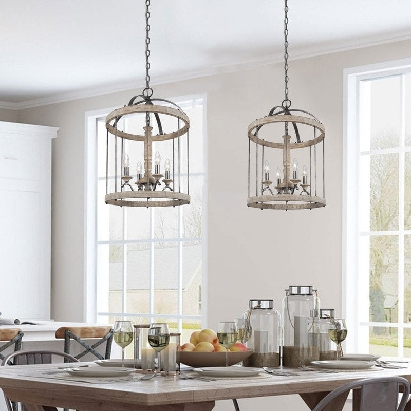 Farmhouse Wood Chandelier 4 Light Bird Cage Design Pendant L15.9 Xw15.9 Xh22.4