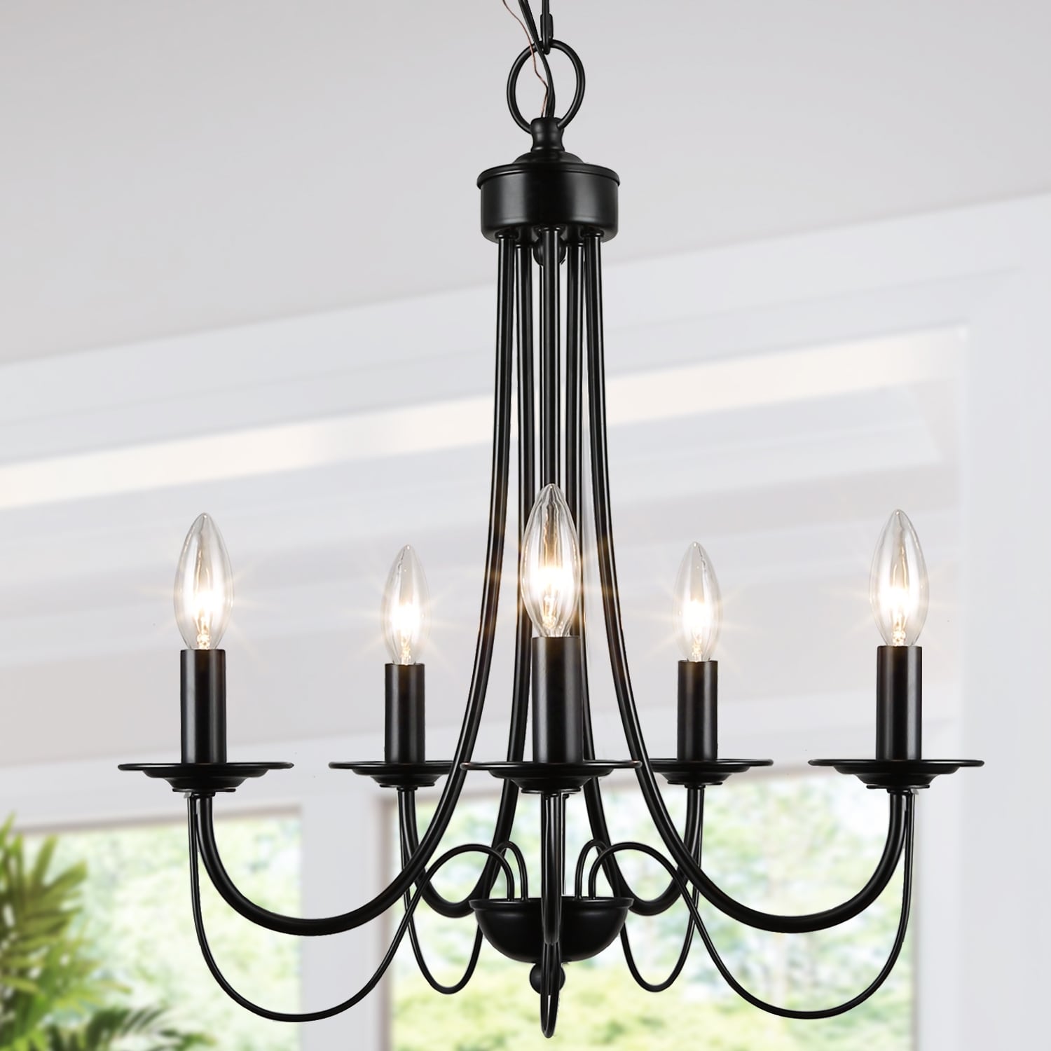 Farmhouse 5 Light Matte Black Finish Candle Style Chandelier Lighting W18.5 Xd18.5 Xh23.5