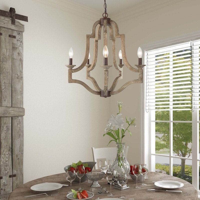 Farmhouse 5 Lights Latern Wood Chandelier Ceiling Hanging Lighting L23.2 Xw23.2 Xh24