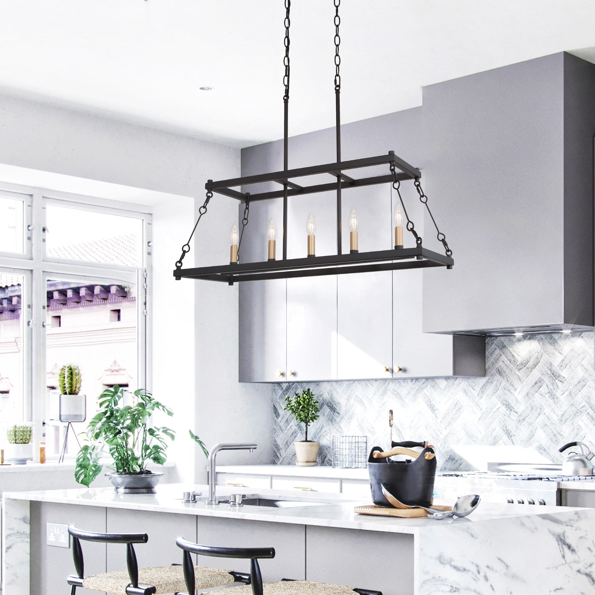 Modern Farmhouse Black Metal Linear Island Chandelier For Dining Room L 30 X W 12 X H 23.6