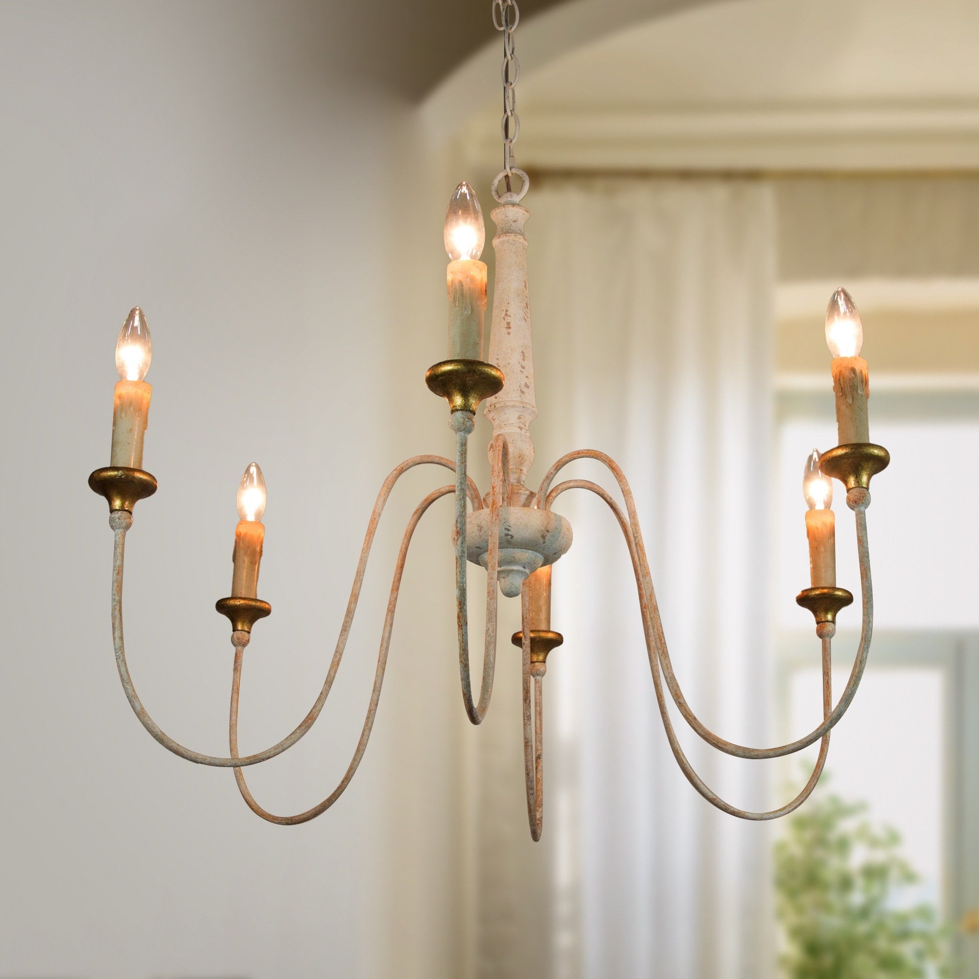 6 Light French Country Distressed White Candelabra Kitchen Island Chandelier For Dining Room L30.5 X W30.5 X H25.6