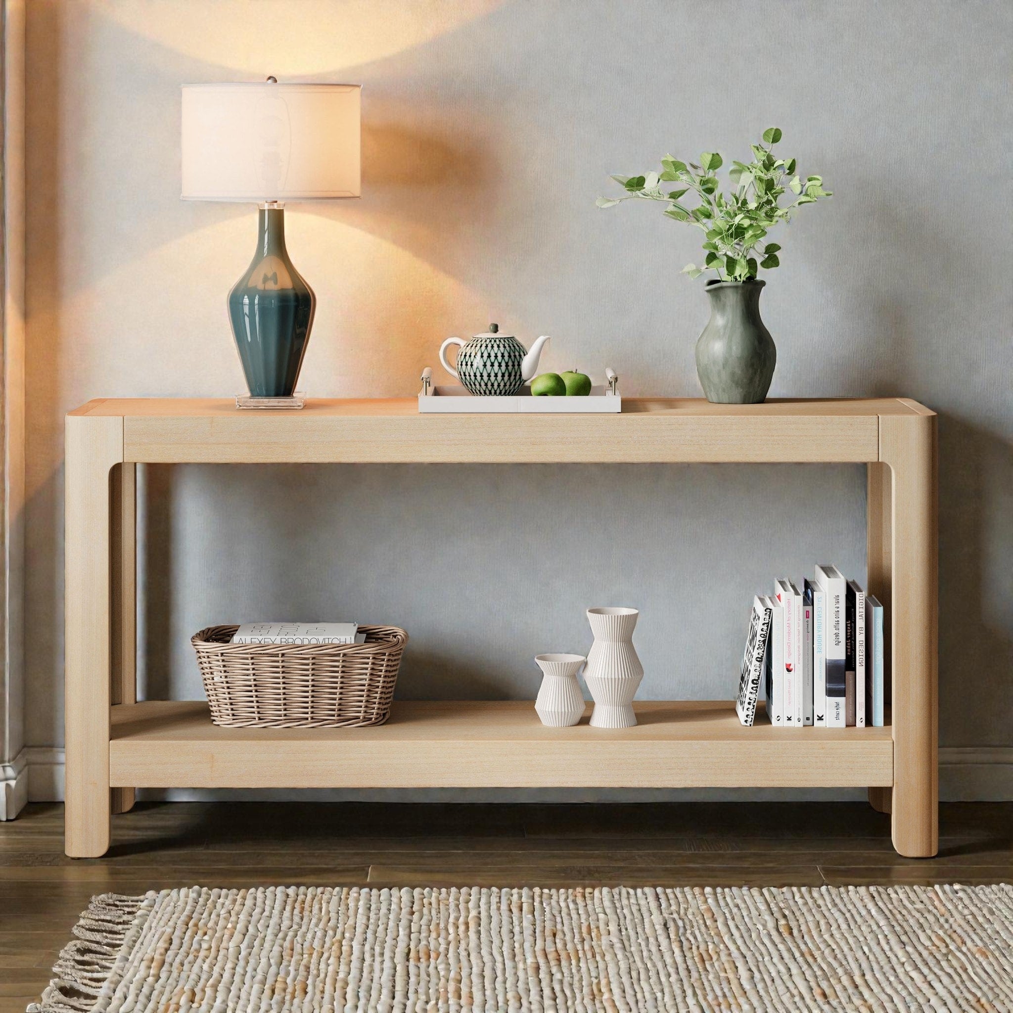 Modern Farmhouse Console Table With Solid Wood Veneer Top And Rounded Corners Minimalist Entryway Table For Living Room