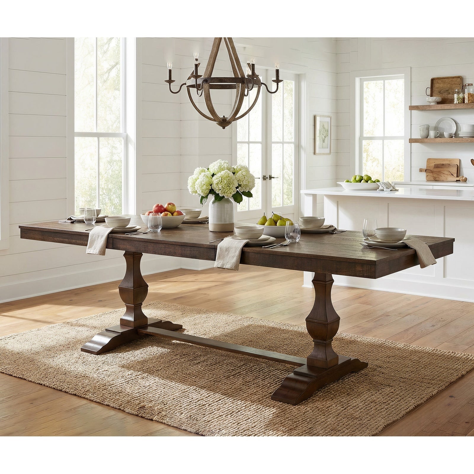 Modern Farmhouse Dining Table Set For 6 74.8 Large Kitchen Table With 2 Solid Wood Legs And Double Pedestal Base Table 1Set