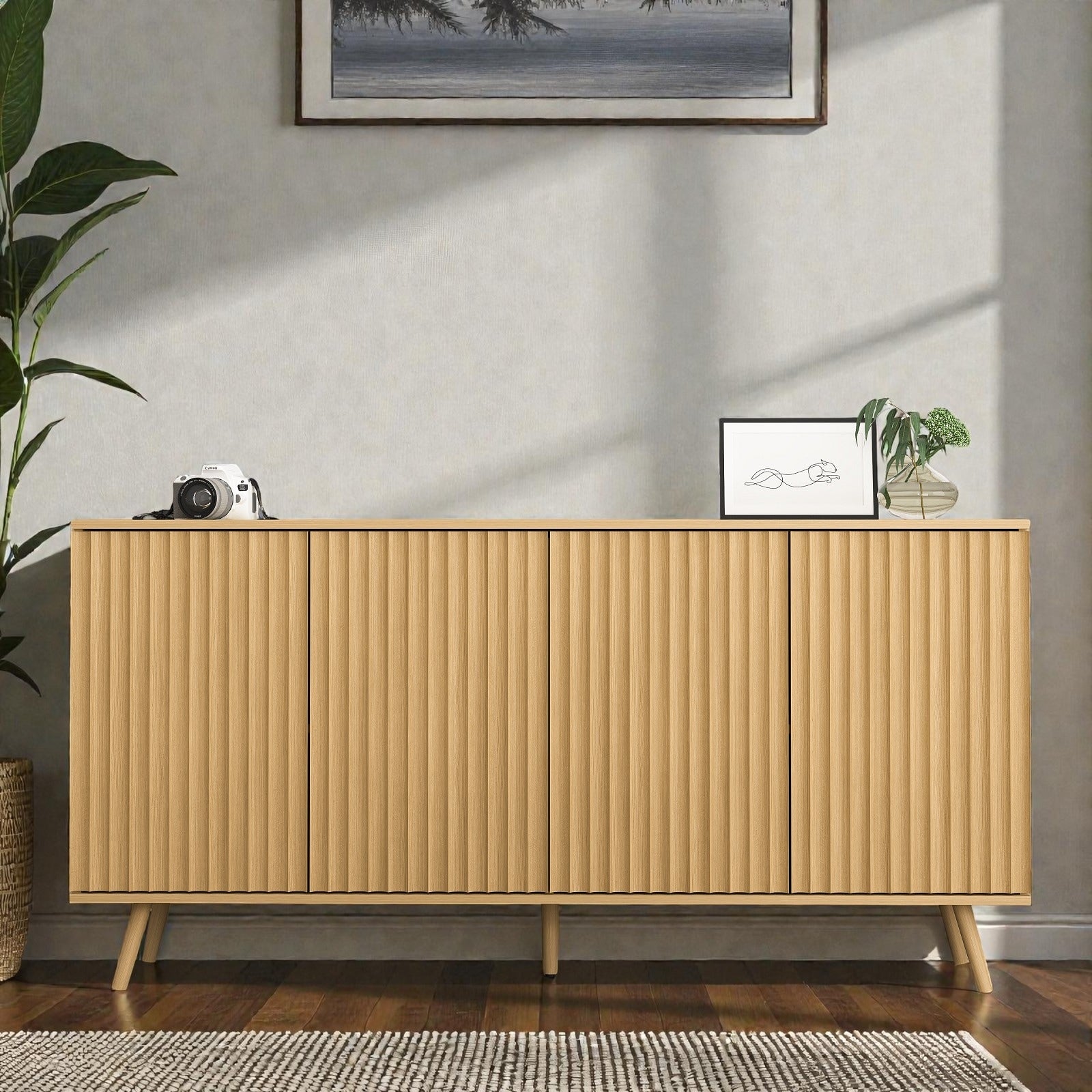 Modern Farmhouse Sideboard Storage Cabinet With 4 Doors Wood Coffee Bar Credenza Console With Adjustable Shelves