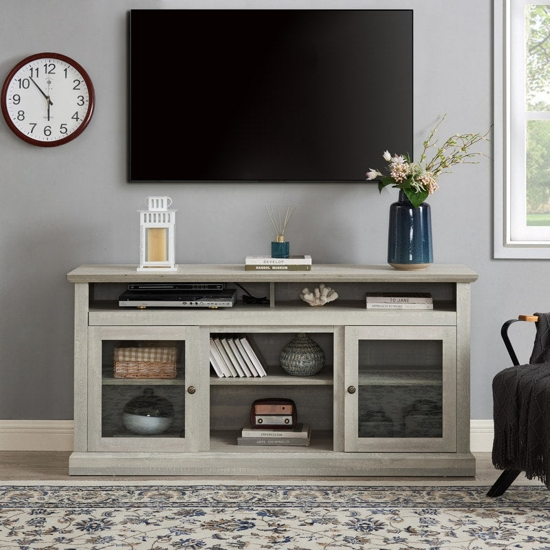 Modern Farmhouse Tv Stand For Up To 65 Inch Tvs With Glass Doors Brown