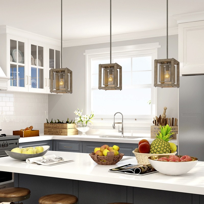 Rustic 1 Light Wood And Metal Foyer Pendant Lighting Fixture For Kitchen Island L8 Xw8 Xh10.6