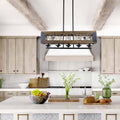 Modern Farmhouse Wood Island Chandelier Linear Glass Shade Hanging Rods Ceiling Lighting Fixture W 31.9 E 10.6 H 10.2
