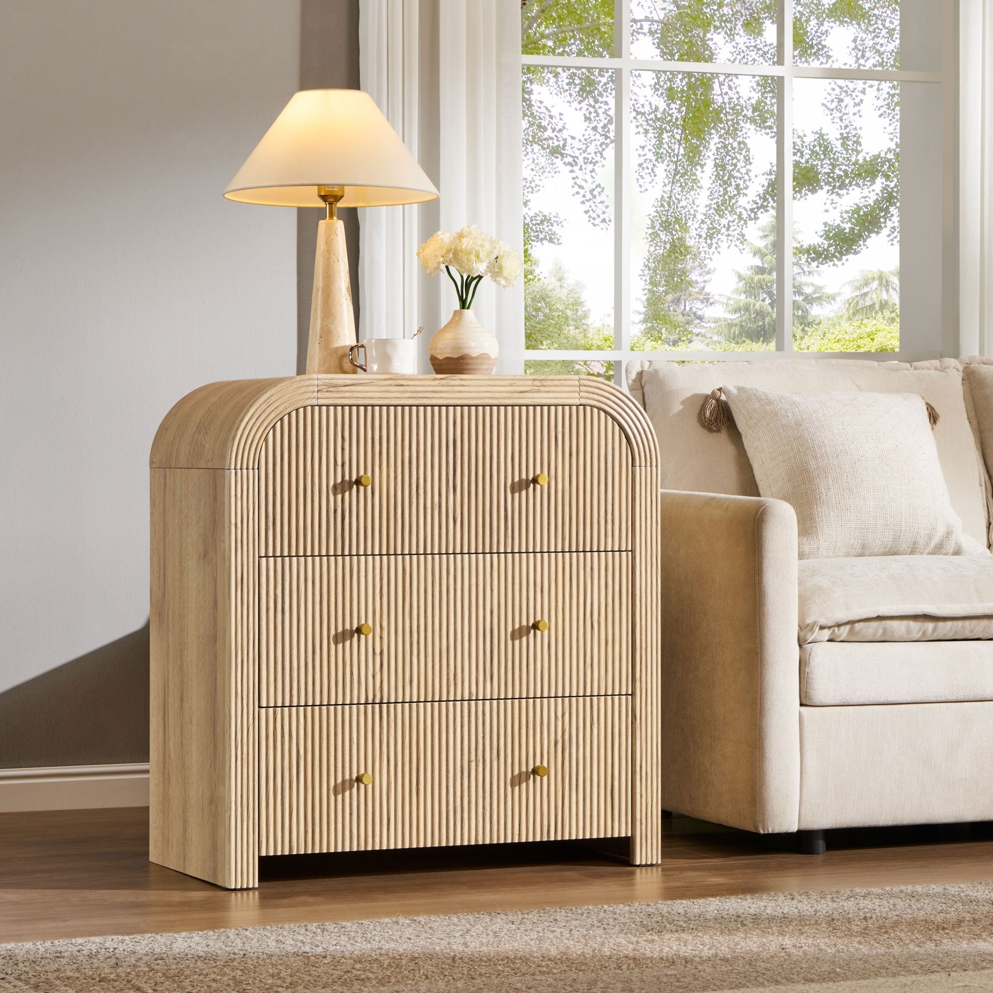 Modern Fluted 3 Drawers Dresser Rounded Corner Chest Of Drawers