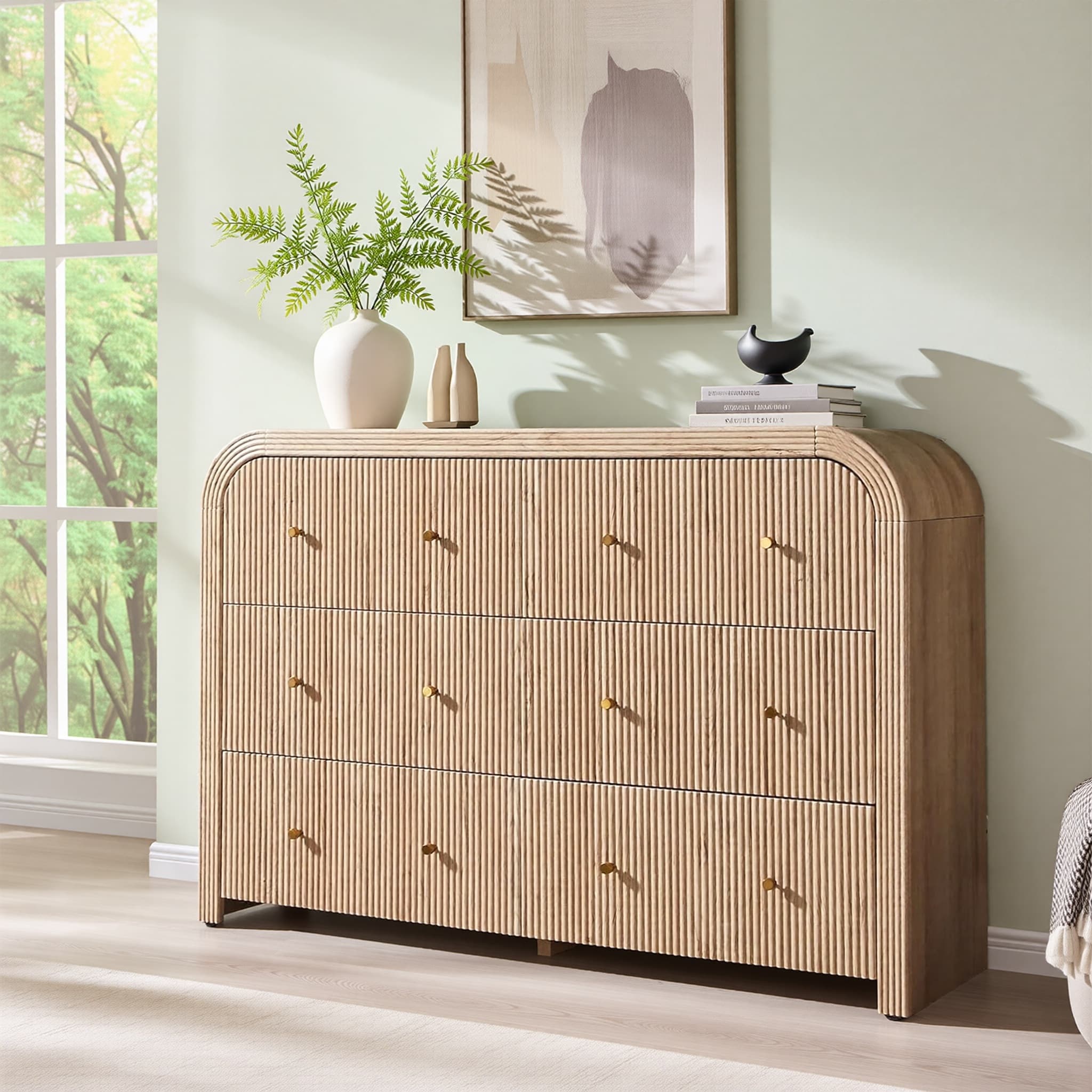Modern Fluted 6 Drawers Dresser Wood Chest Of Drawers For Bedroom