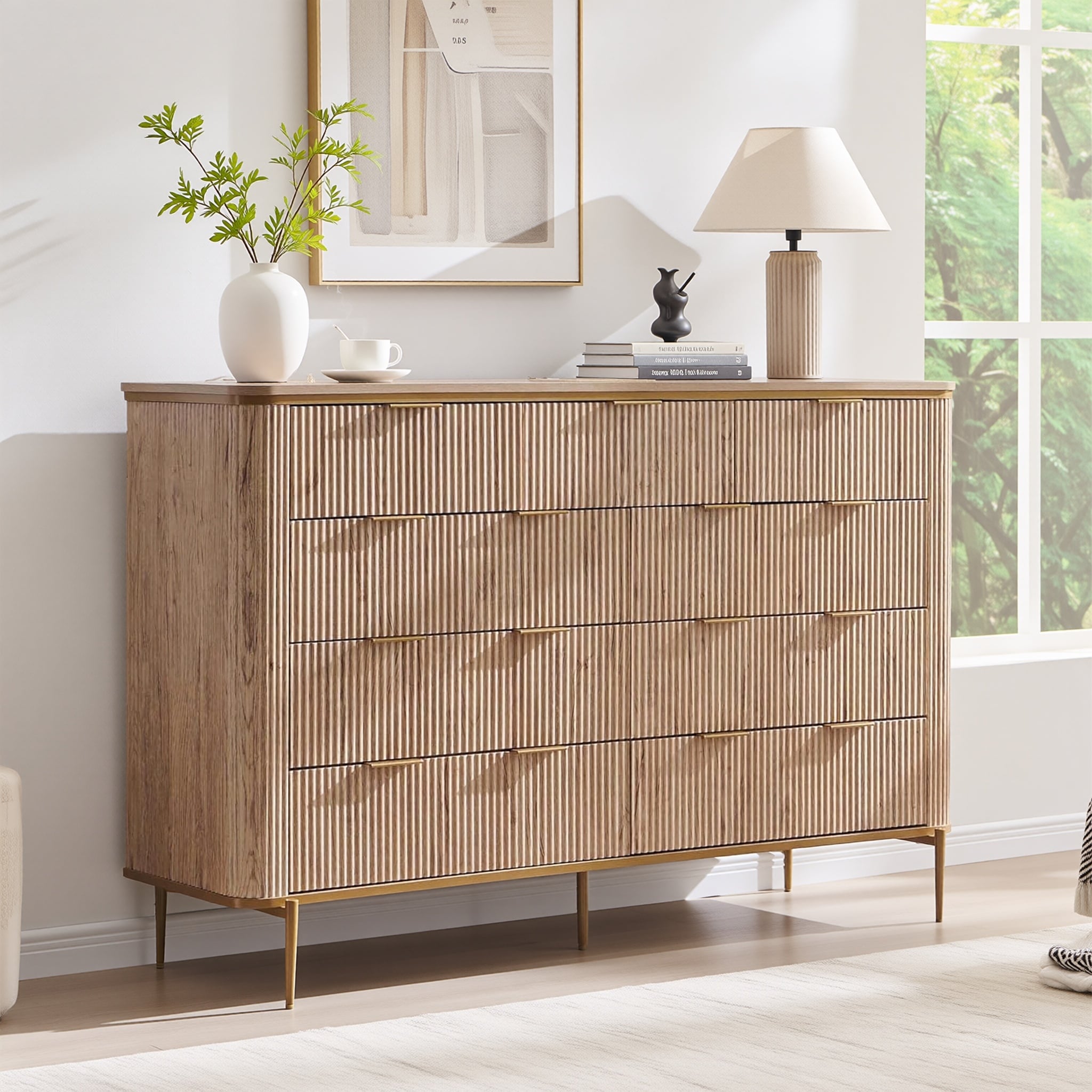 Modern Fluted 9 Drawer Dresser Wooden Chest Of Drawers For Bedroom