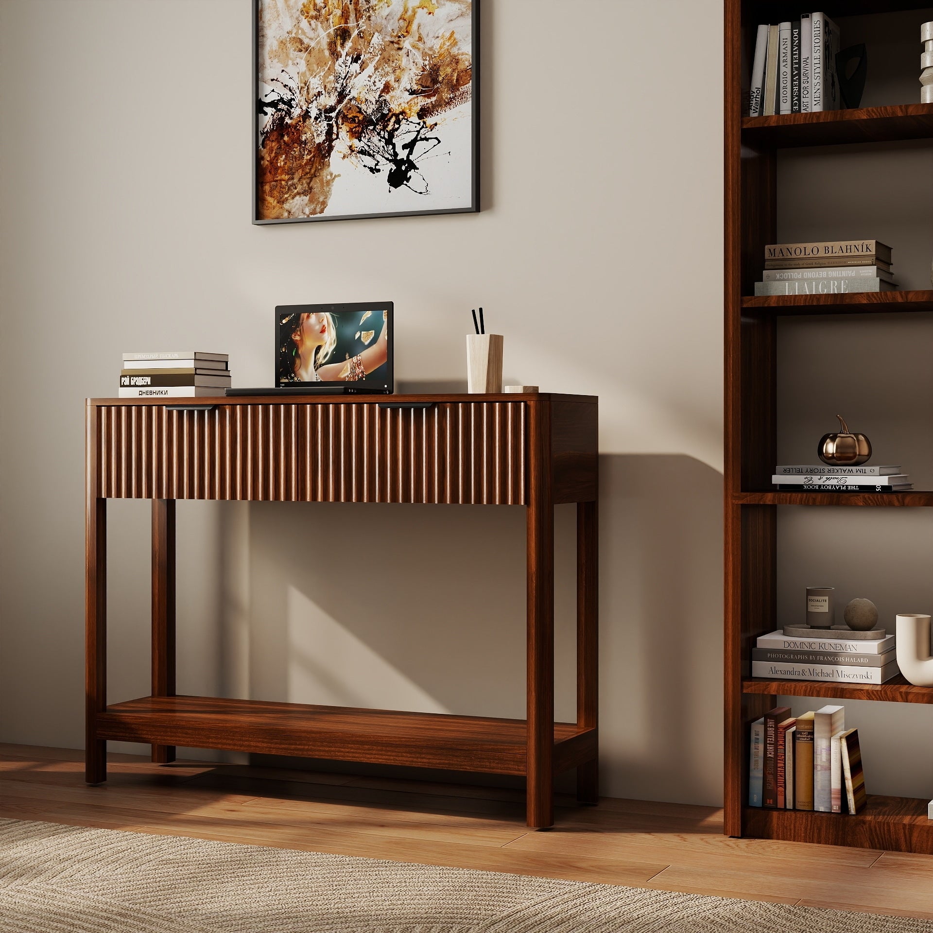 Modern Fluted Console Table Sofa Side Table Hallway Table Entryway Table With 2 Drawers Open Shelf