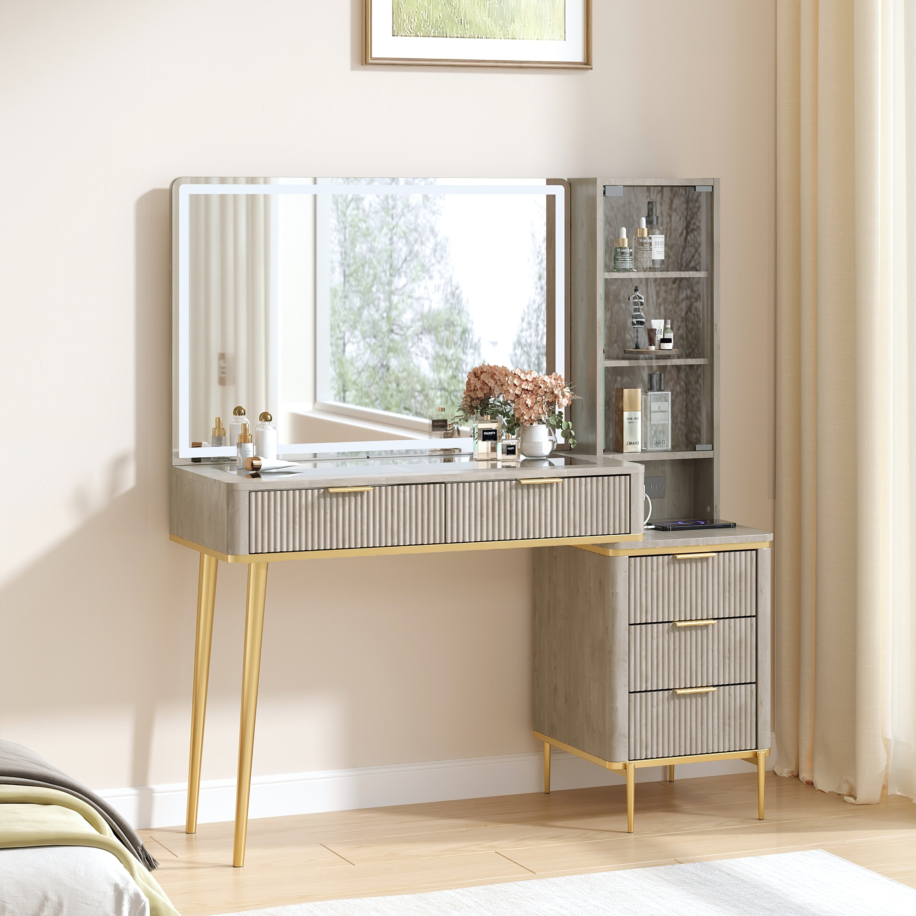 Modern Fluted Makeup Vanity Desk With Lighted Mirror Dressing Table