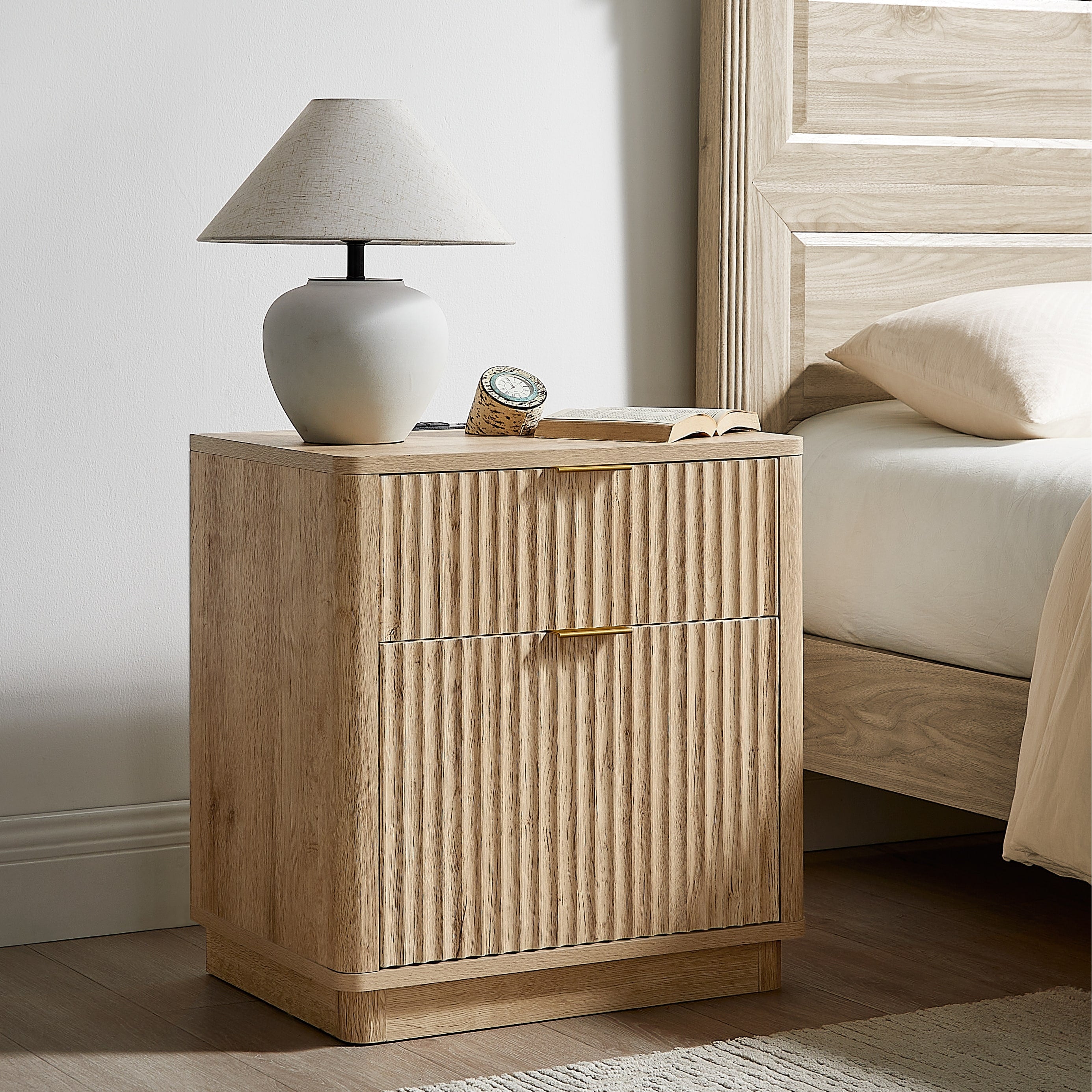 Modern Fluted Nightstand With Charging Station 2 Drawer Bedside Table