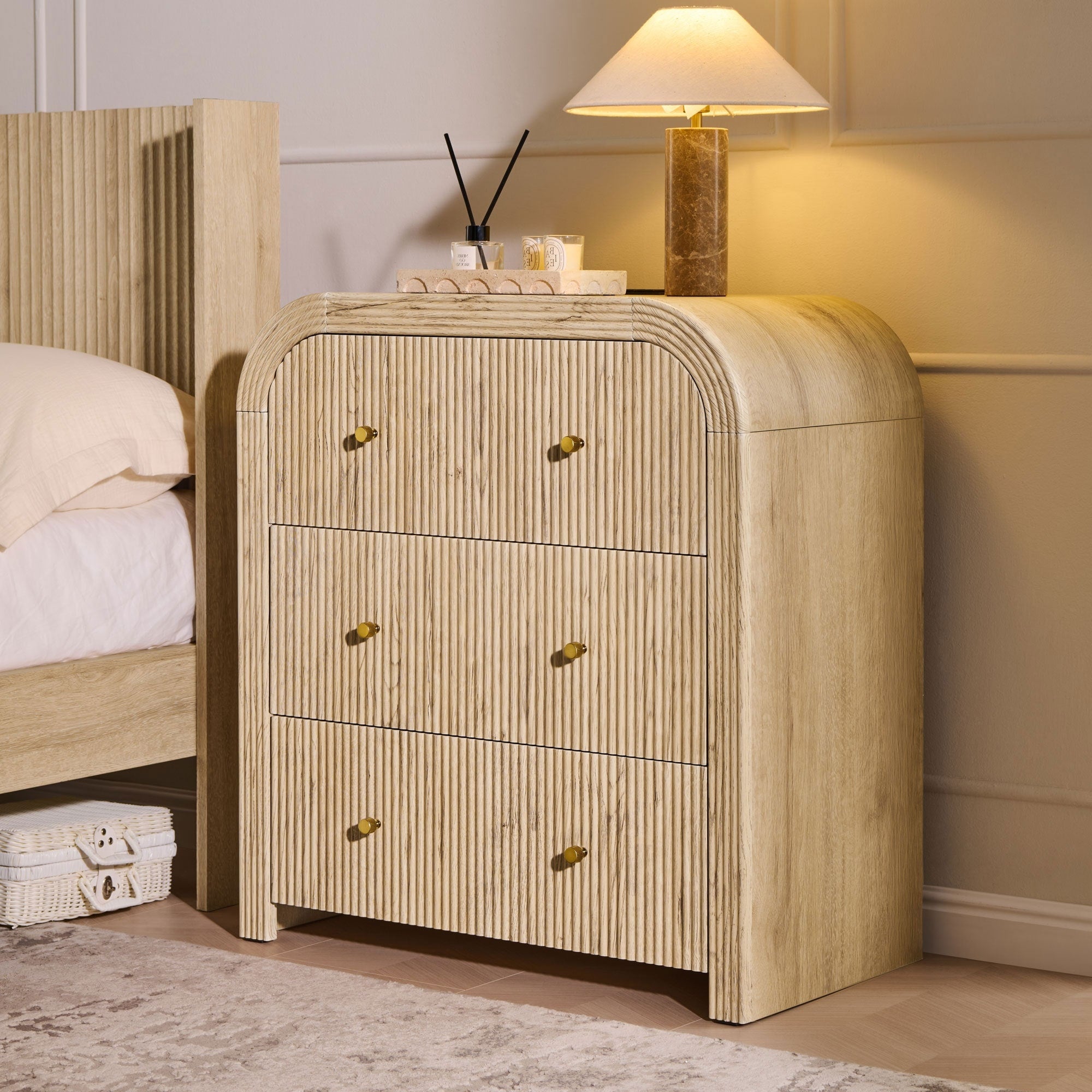 Modern Fluted Nightstand With Charging Station Rounded Bedside Table