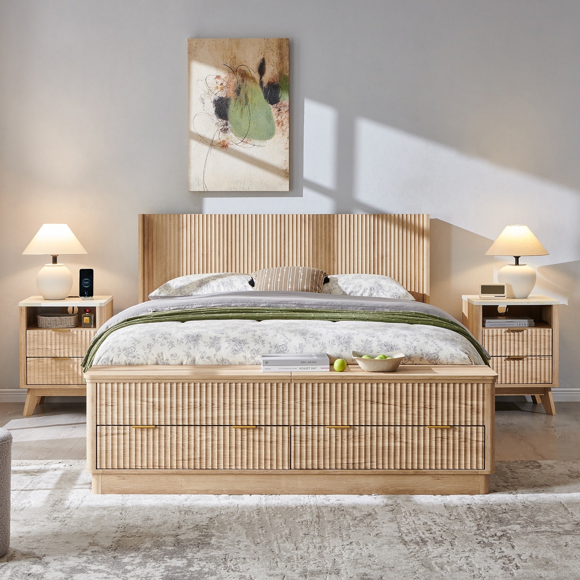 Modern Fluted Queen Size Bed Frame With Headboard Footboard Storage