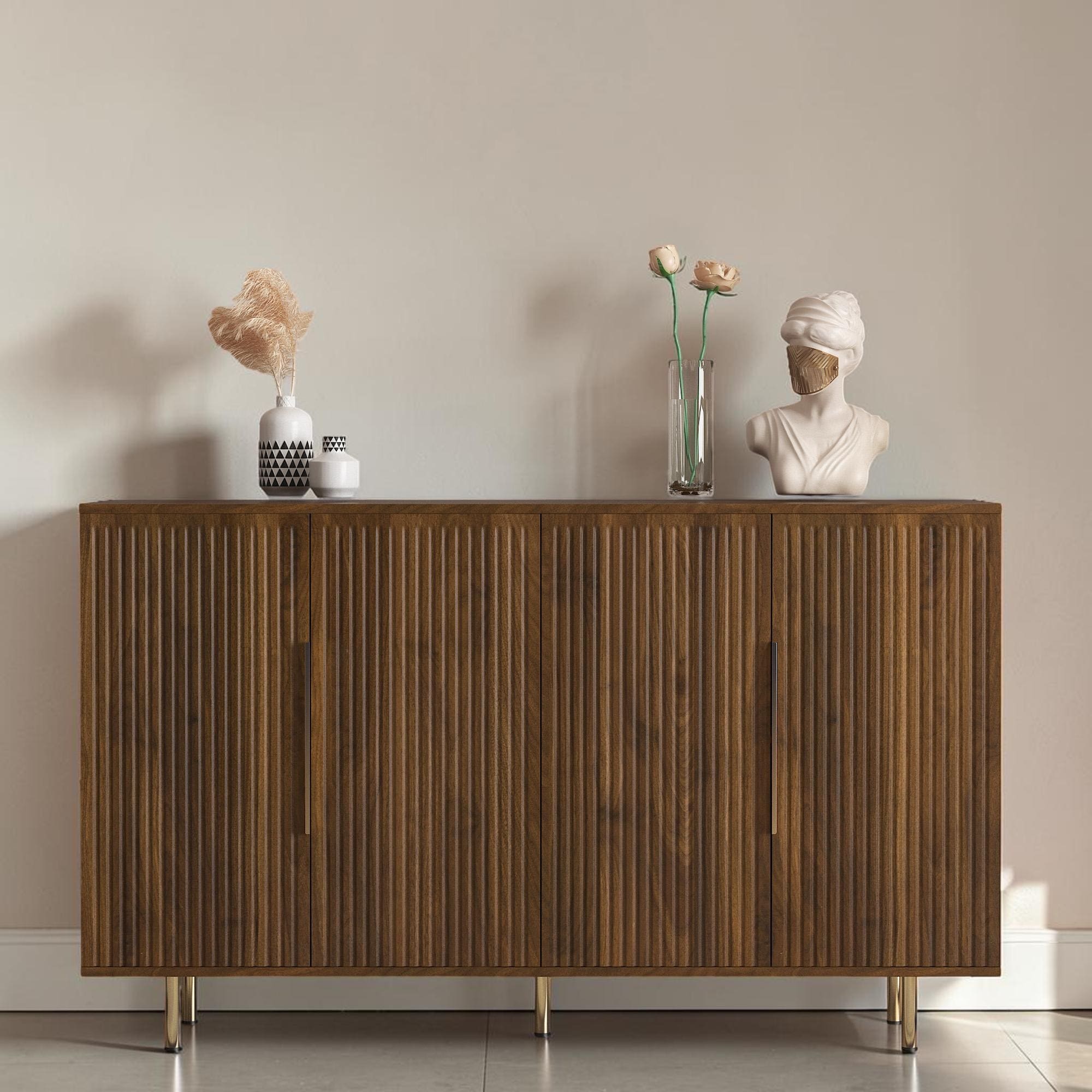 Modern Fluted Sideboard Buffet Cabinet With Adjustable Shelves Wood Storage Credenza For Dining Entryway